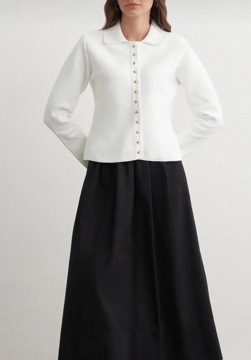 Düğmeli Triko Bluz - beyaz