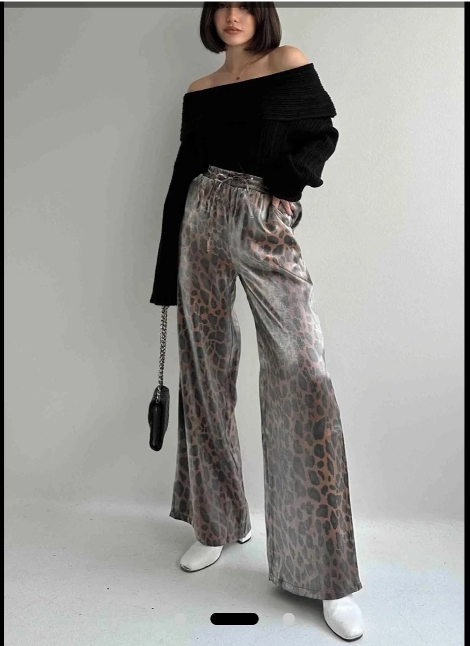 Saten Leopar Pantolon - leopar