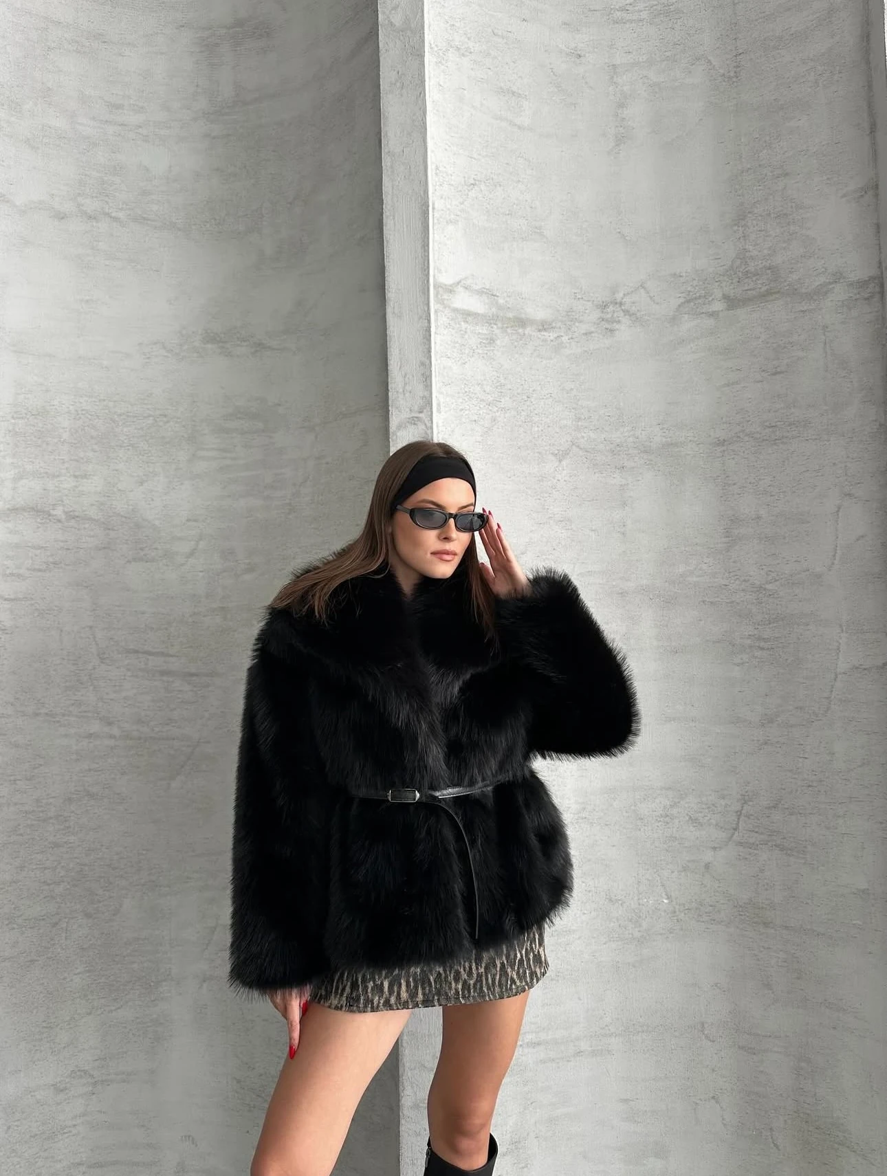 İthal Kemerli Oversize Kürk - siyah