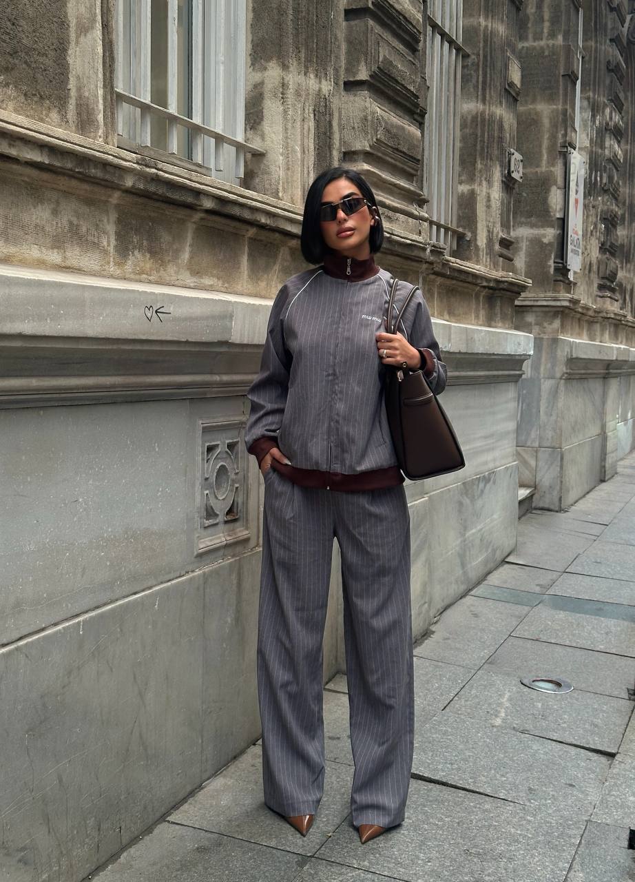 Çizgi Desenli Tarz Takım - gri