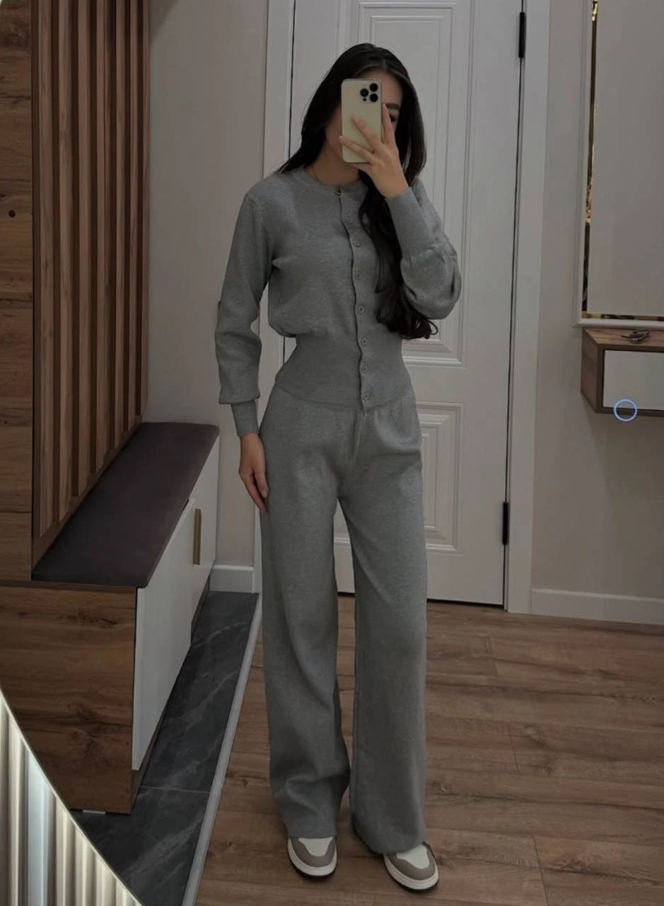 Düğmeli Triko Hırka - gri