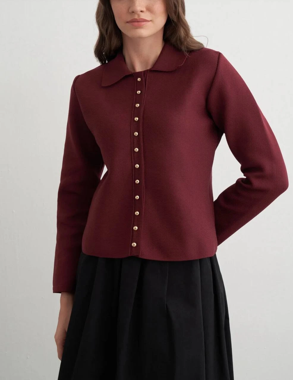 Düğmeli Triko Bluz - bordo