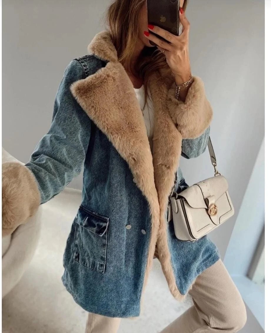 Uzun Kürklü Denim Mont