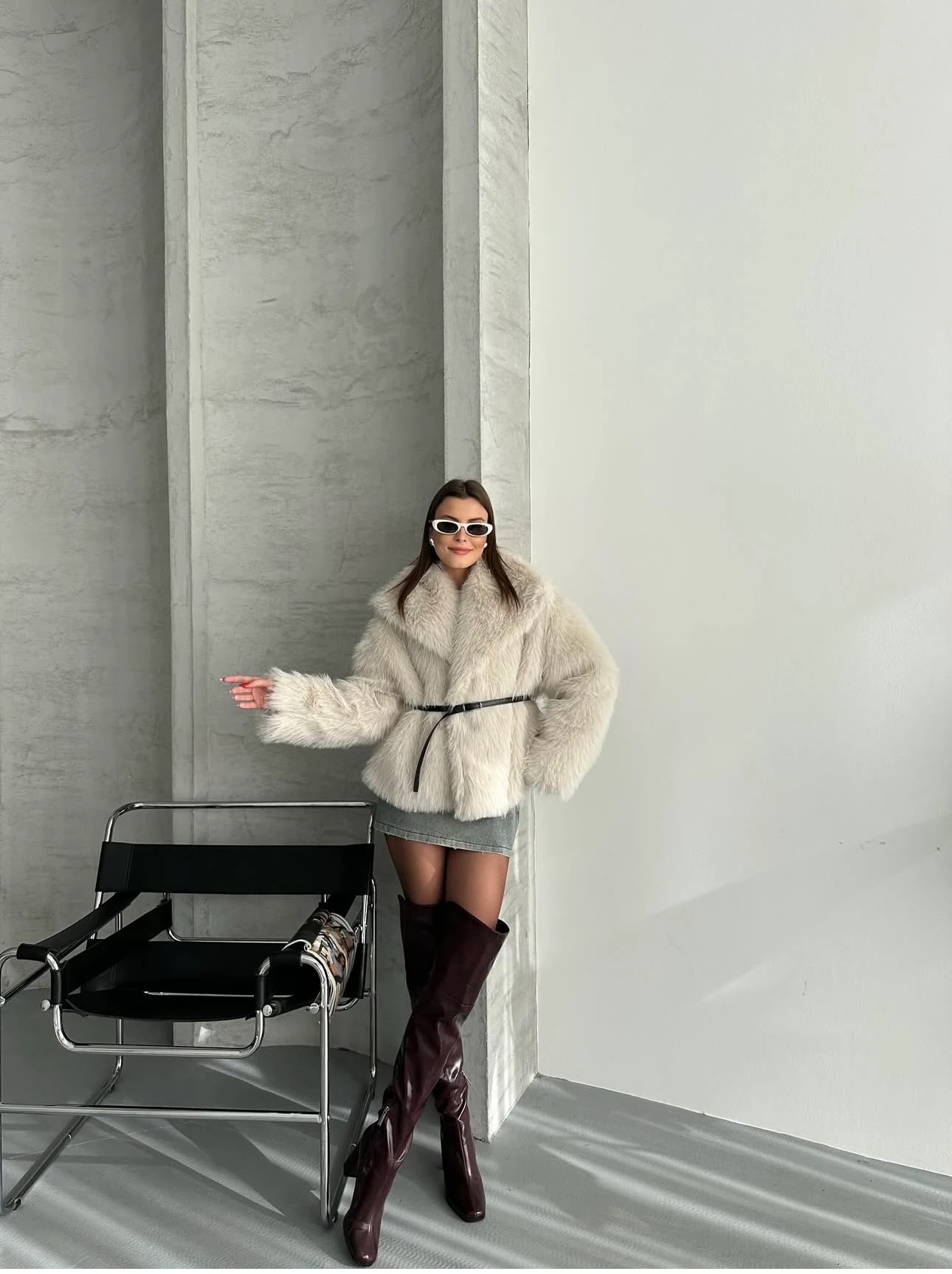 İthal Kemerli Oversize Kürk - bej