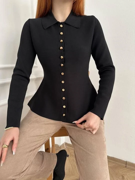 Düğmeli Triko Bluz - siyah