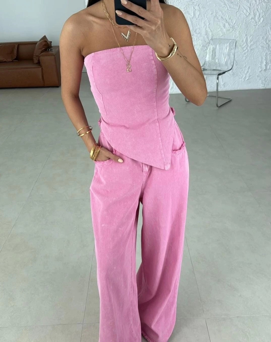 Premium pamuklu Denim Crop Takim