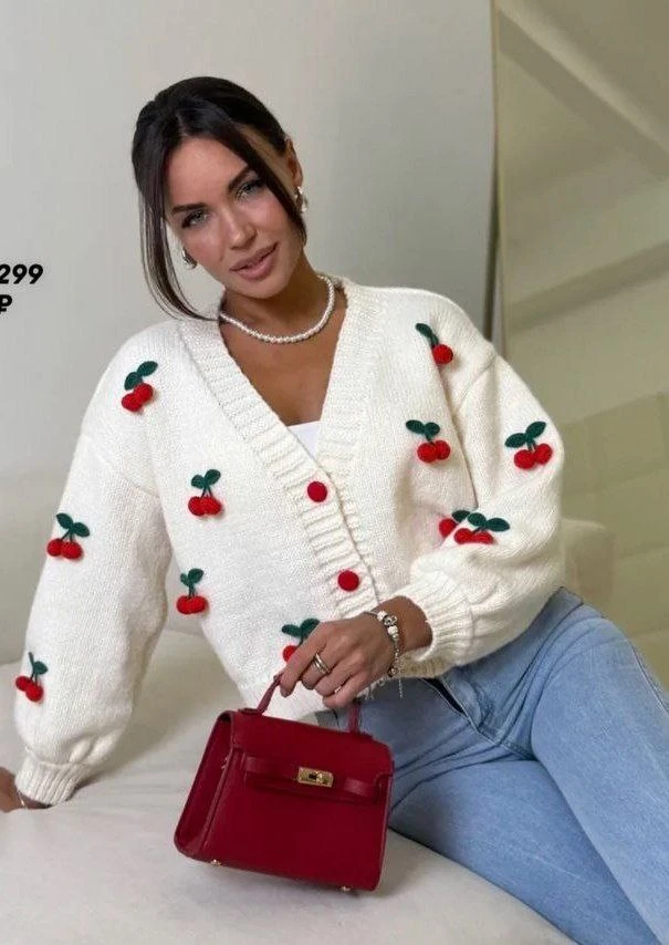 Kiraz Detaylı Triko Hırka - ekru