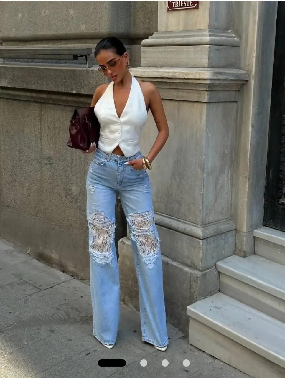 Tasarım Dantel Detaylı Kot Pantolon