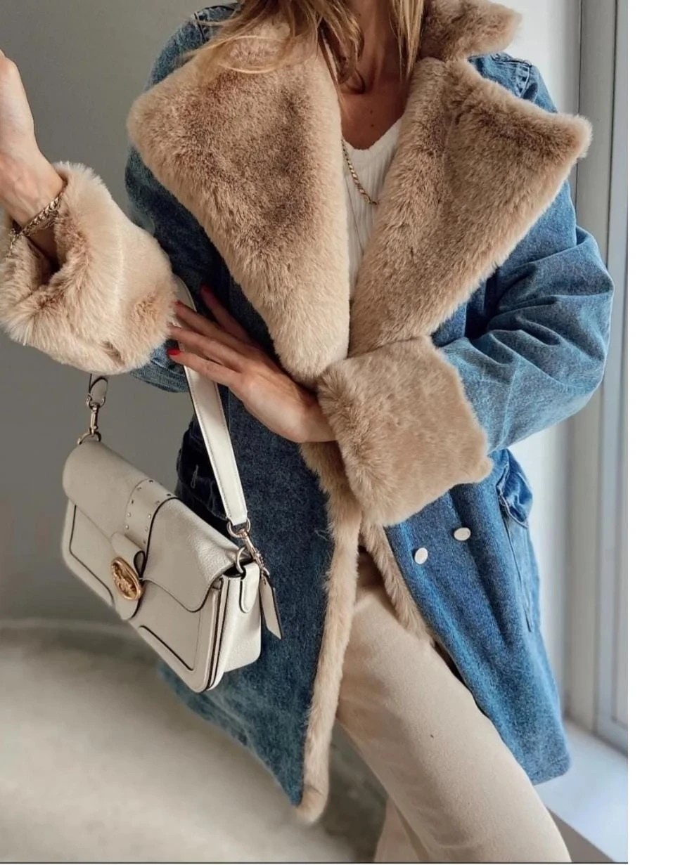 Uzun Kürklü Denim Mont