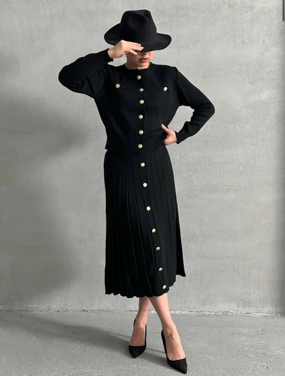 Düğmeli Pileli Triko Etekli Takım - siyah