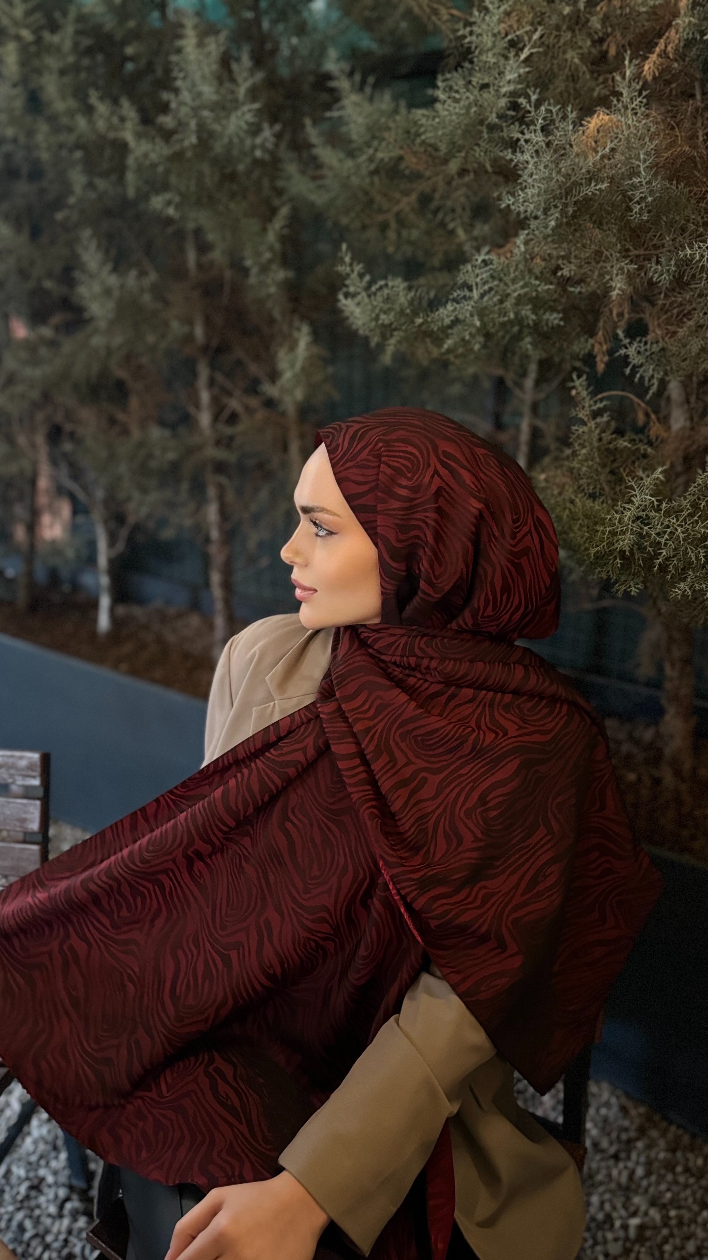 Bordo Zebra Çift Taraflı Vual Jakar Şal