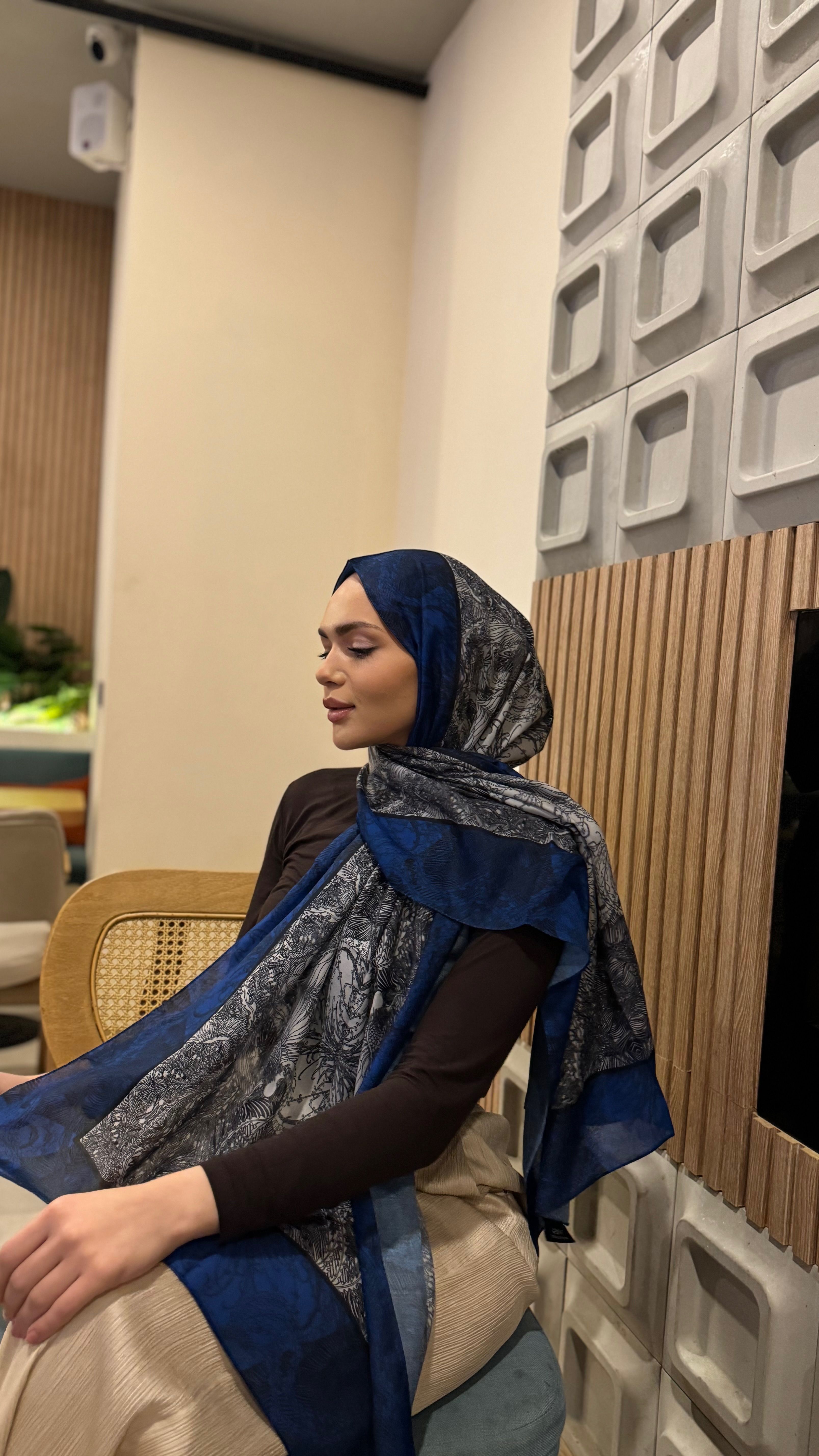 Lacivert Gri Terra Pamuk İpek Şal