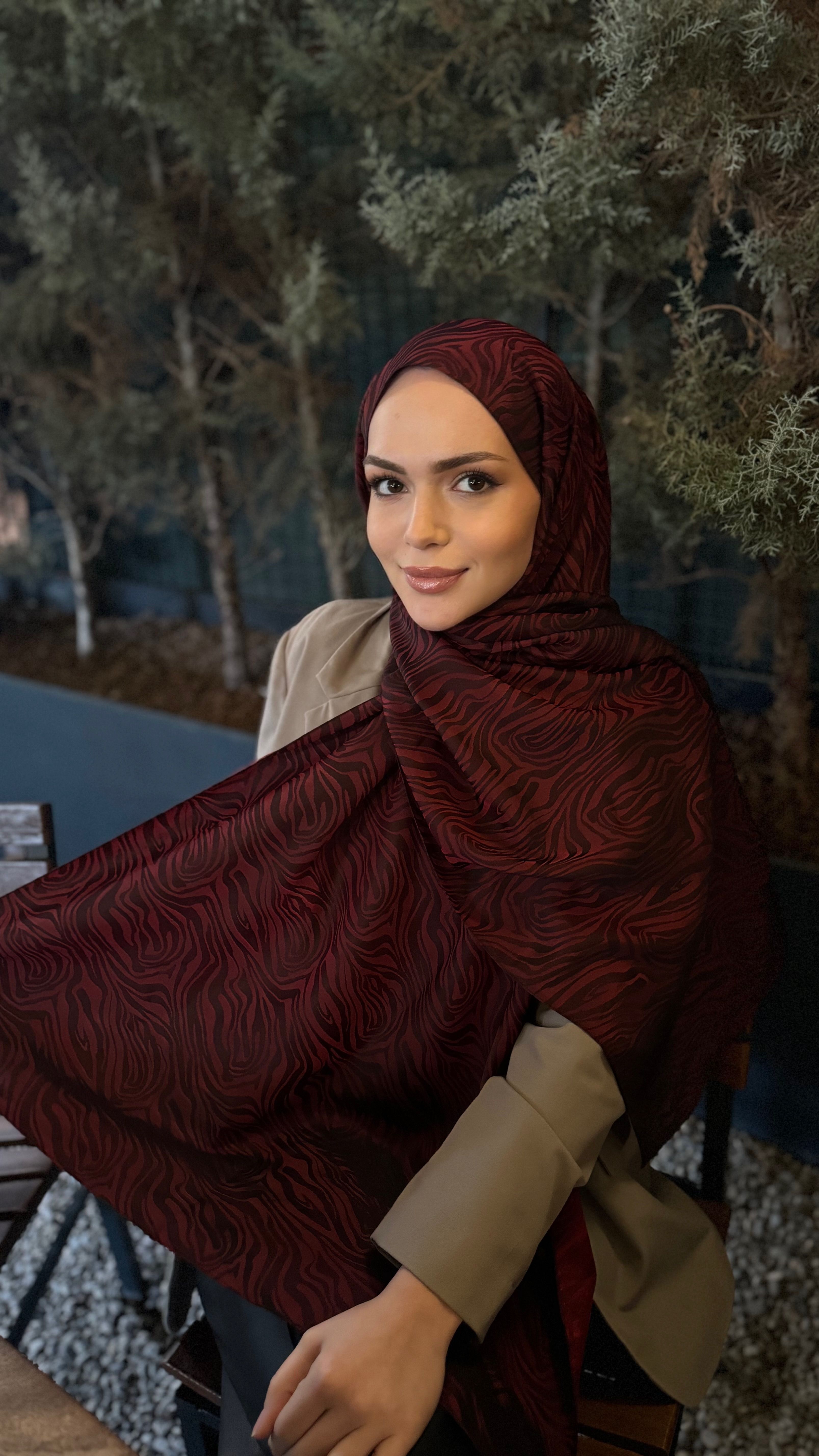 Bordo Zebra Çift Taraflı Vual Jakar Şal