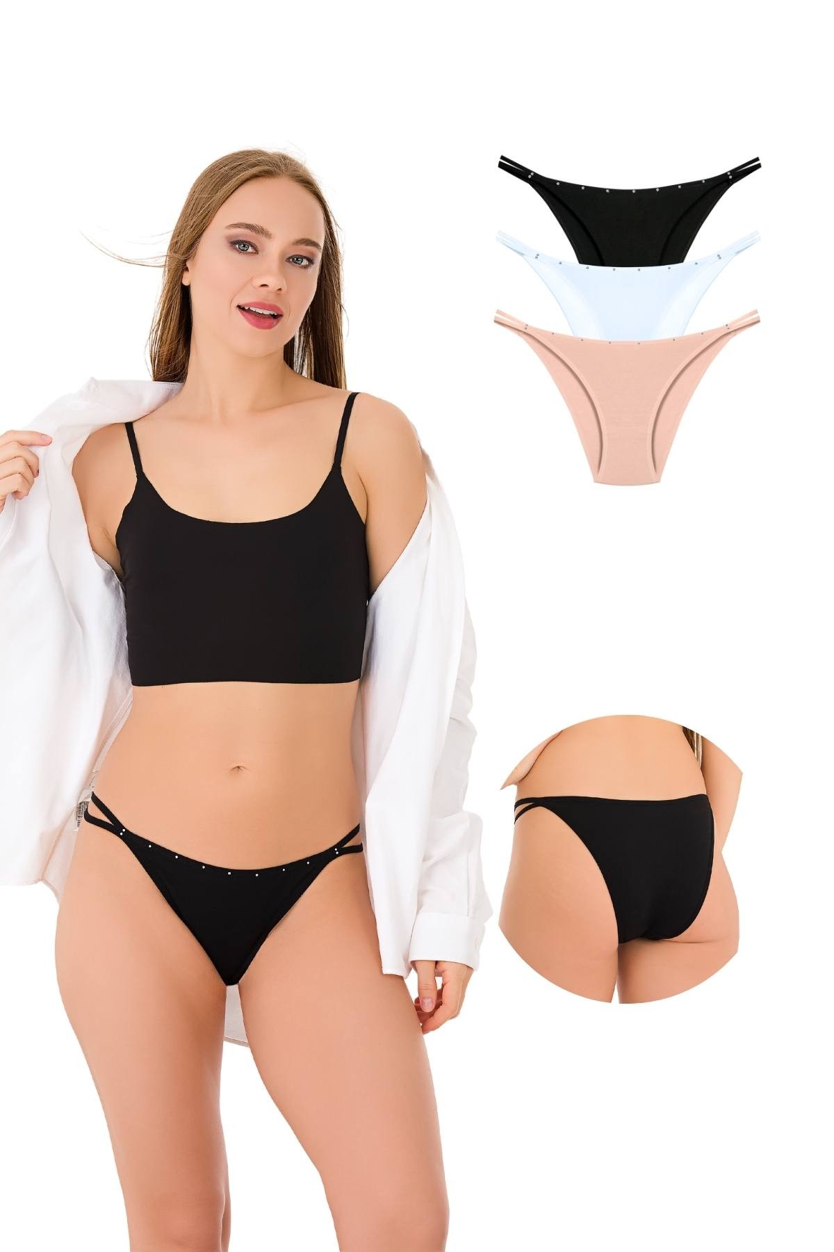 1025 Çift İp-Taş Detaylı Bikini Külot Paketi