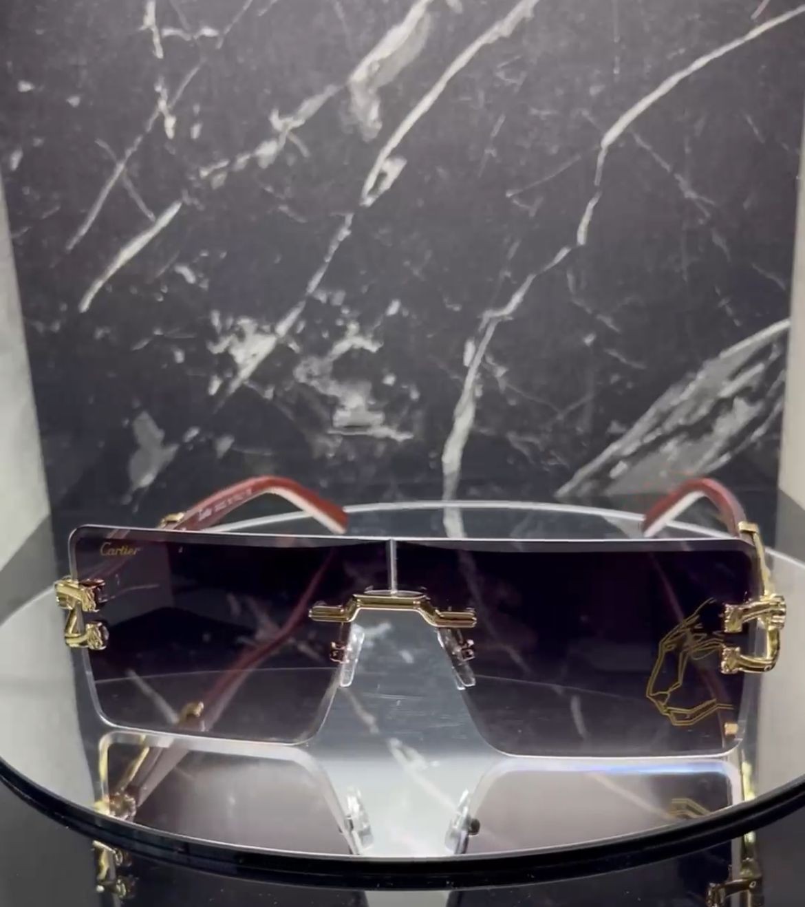 Cartier Kaplan Motiflli Ahşap Kayış Siyah Cam Unisex Güneş Gözlüğü