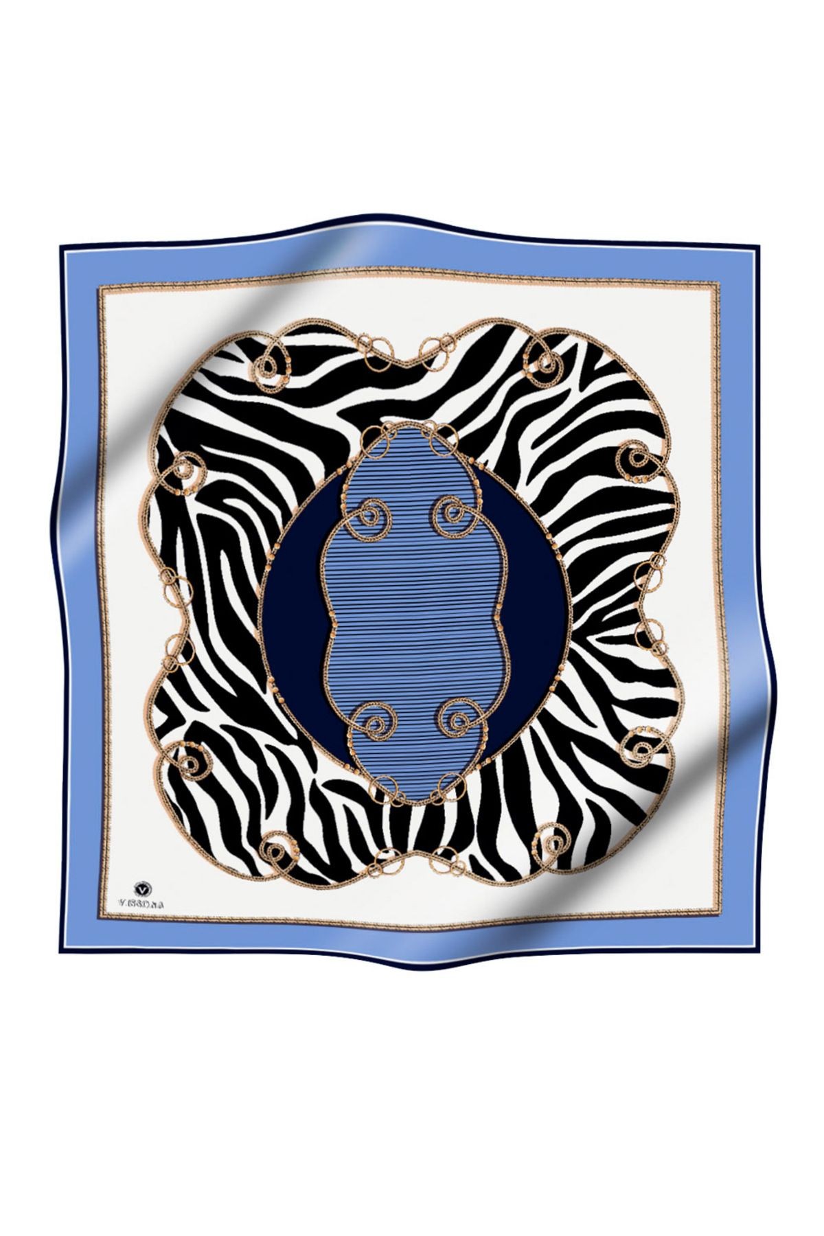 %100 Twill Ipek Zincirli Ve Zebra Desenli Indigo - Lacivert Renkli 90x90 Eşarp Dikim Şekli : El Diki
