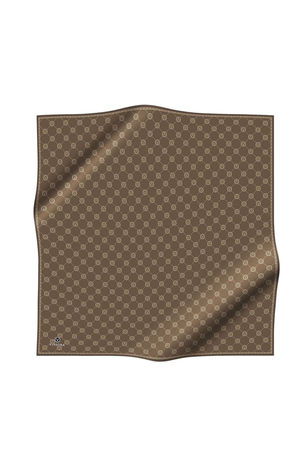 %100 Twill Ipek Monogram Desenli Sütlü Kahve Renkli 90x90 Eşarp Dikim Şekli : El Dikişi