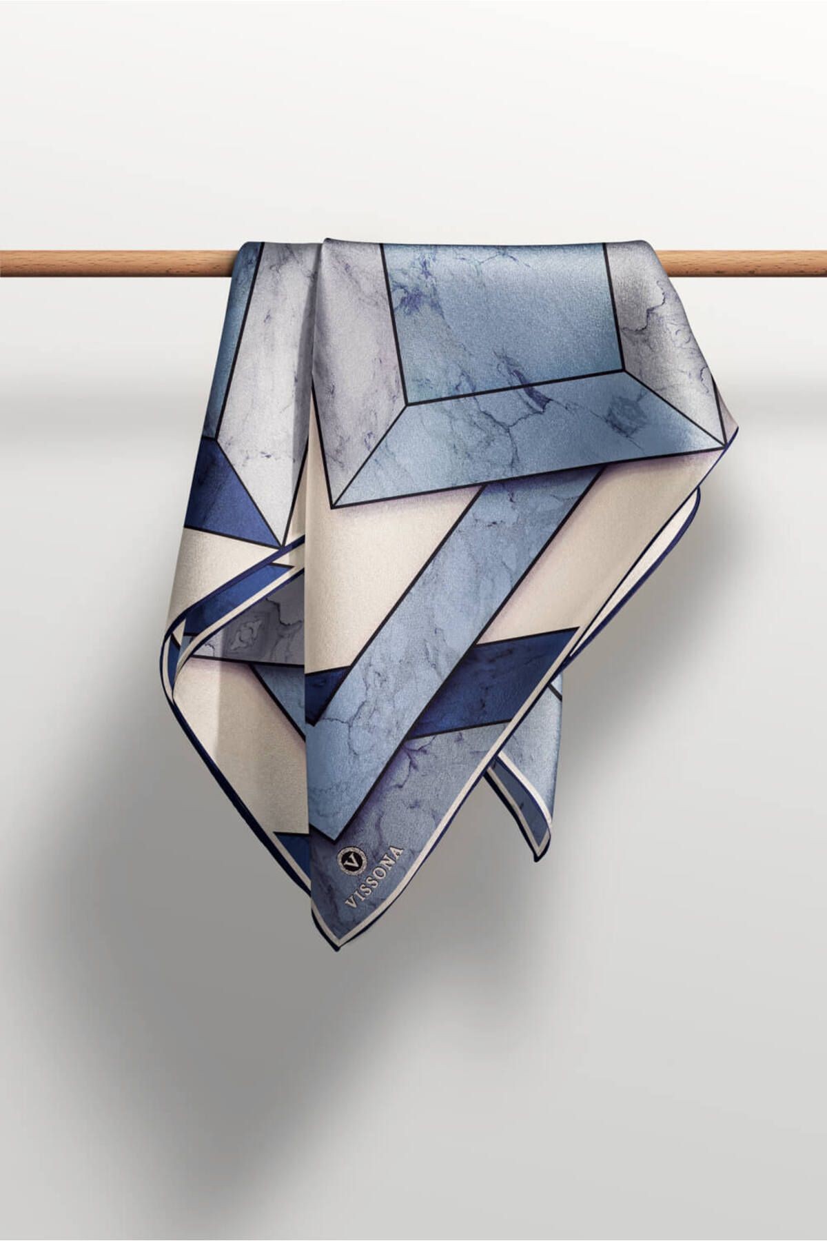 %100 Twill İpek Mermer Desenli İndigo - Lacivert Renkli 90x90 Eşarp Dikim Şekli : El Dikişi