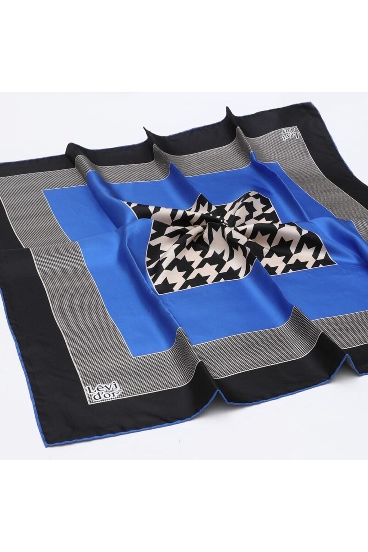 Ipek Eşarp Twill Siyah Saks Kaz Ayağı Desenli