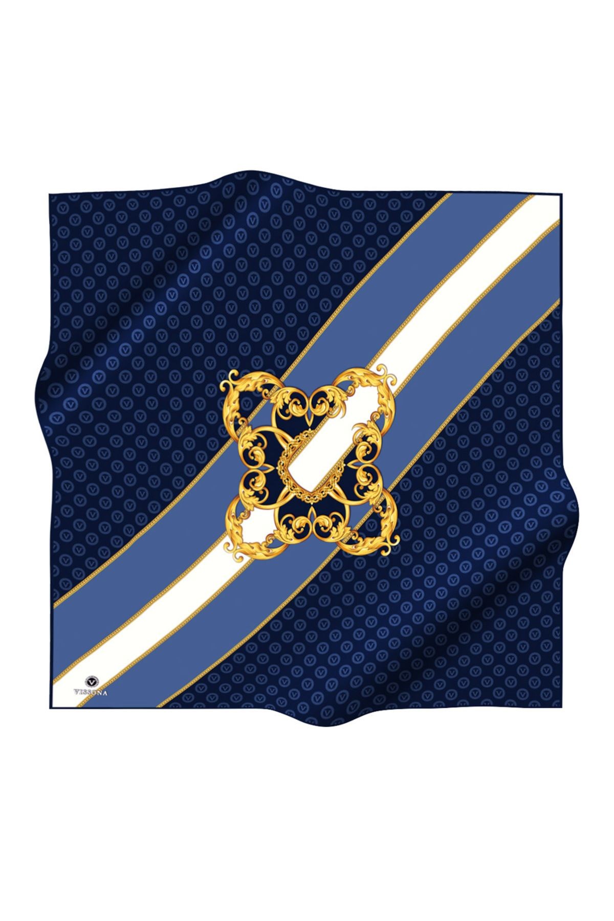 %100 Twill İpek Monogram Ve Barok Desenli Lacivert - İndigo  Renkli 90x90 Eşarp Dikim Şekli : El Dik