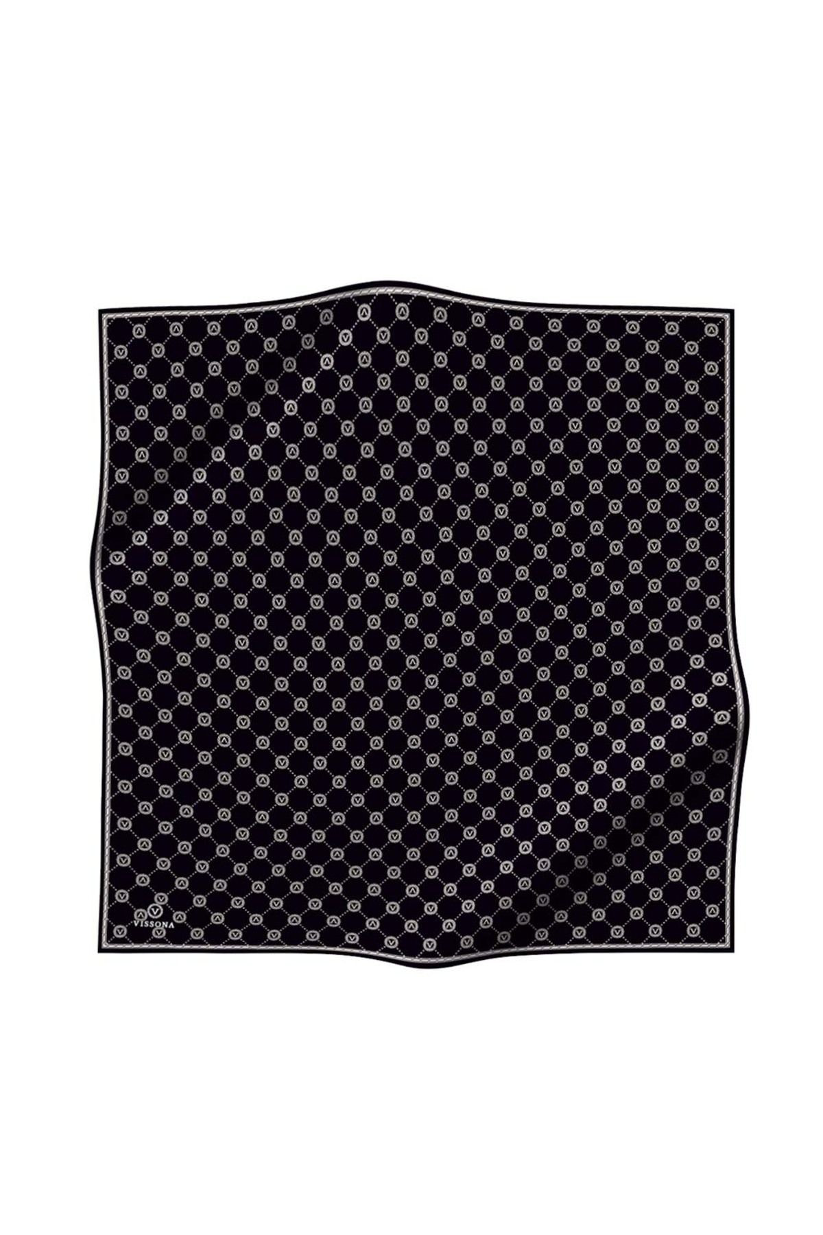 %100 Twill İpek Monogram Desenli Siyah - Krem Renkli 90x90 Eşarp Dikim Şekli : El Dikişi