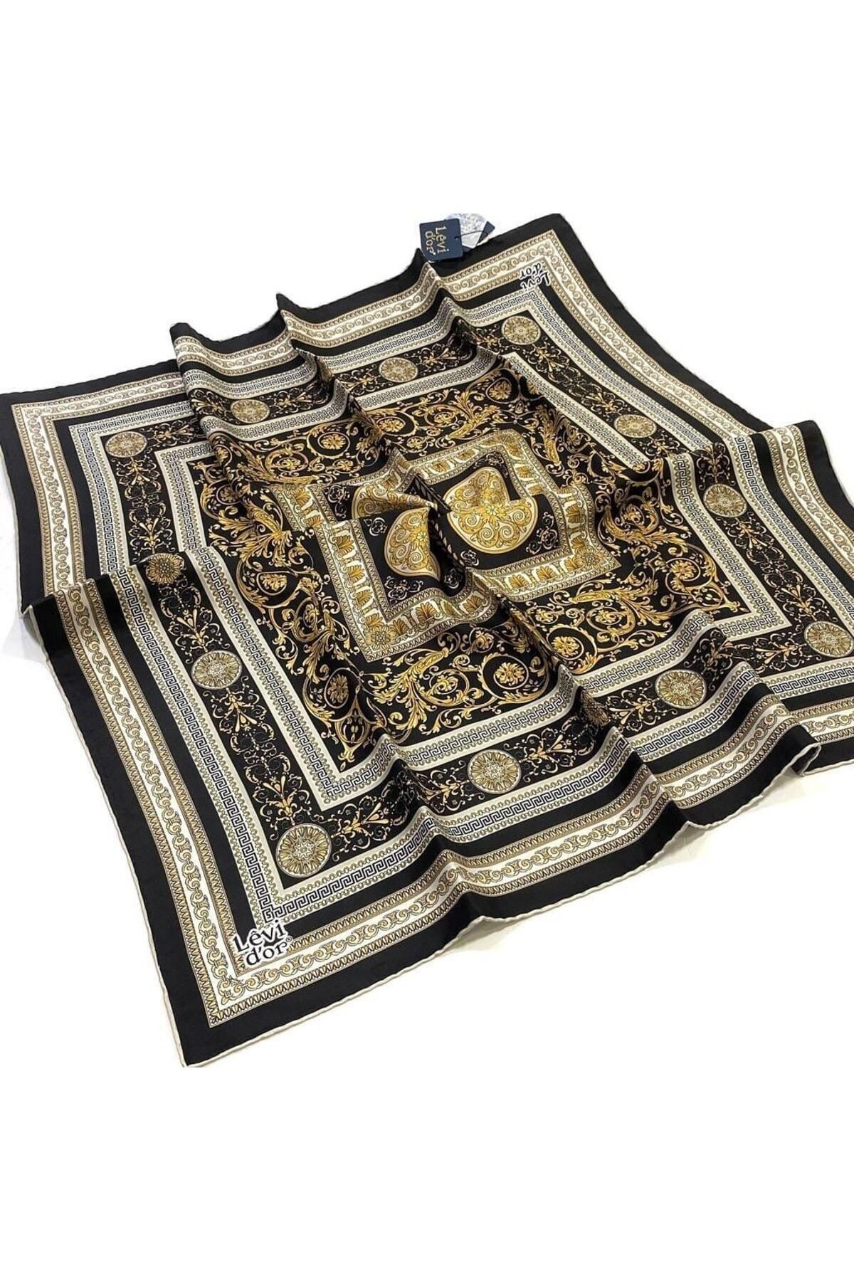 Ipek Eşarp Twill Siyah Gold Etnik Desen