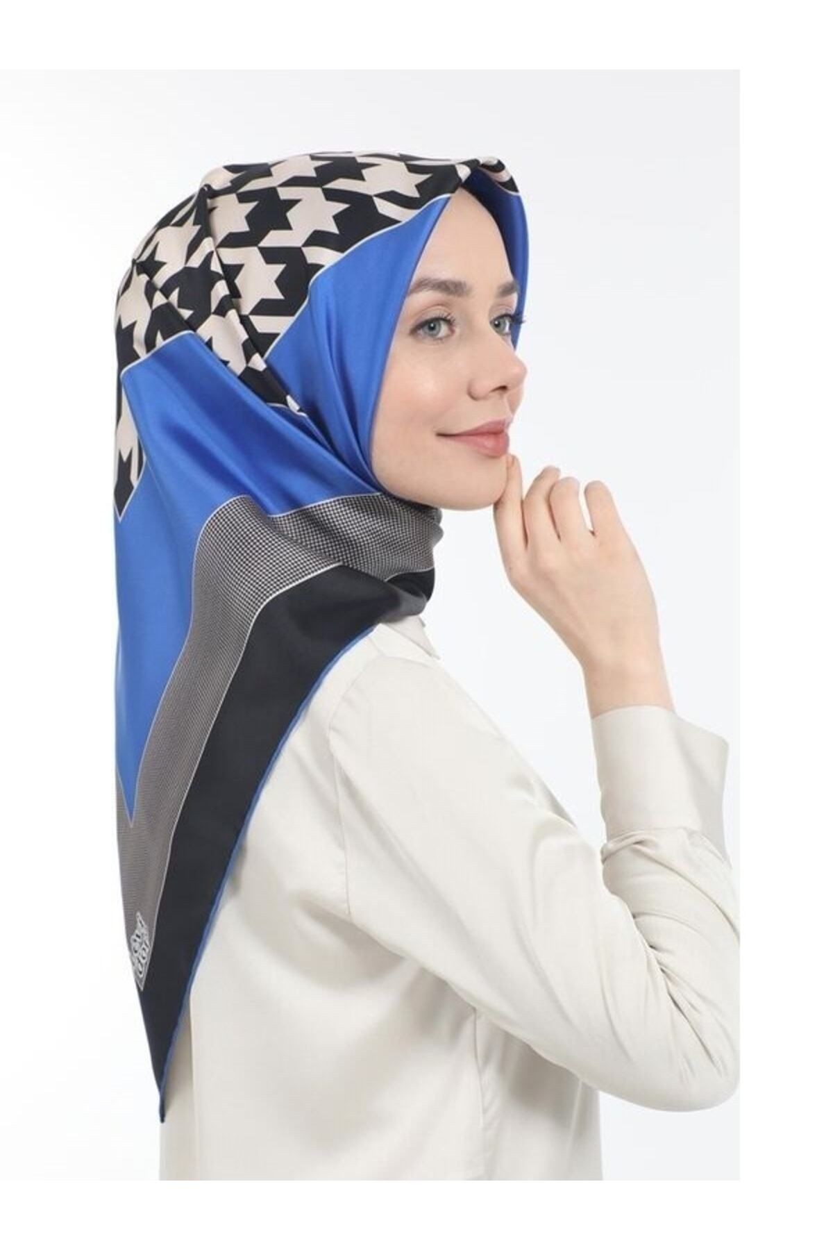 Ipek Eşarp Twill Siyah Saks Kaz Ayağı Desenli