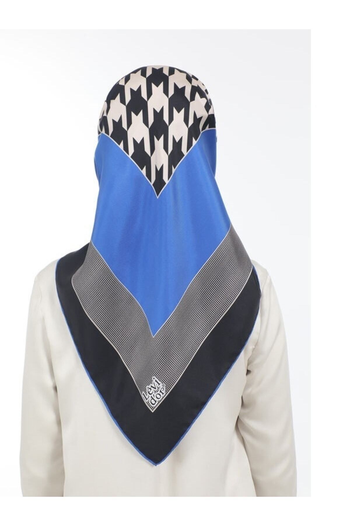 Ipek Eşarp Twill Siyah Saks Kaz Ayağı Desenli