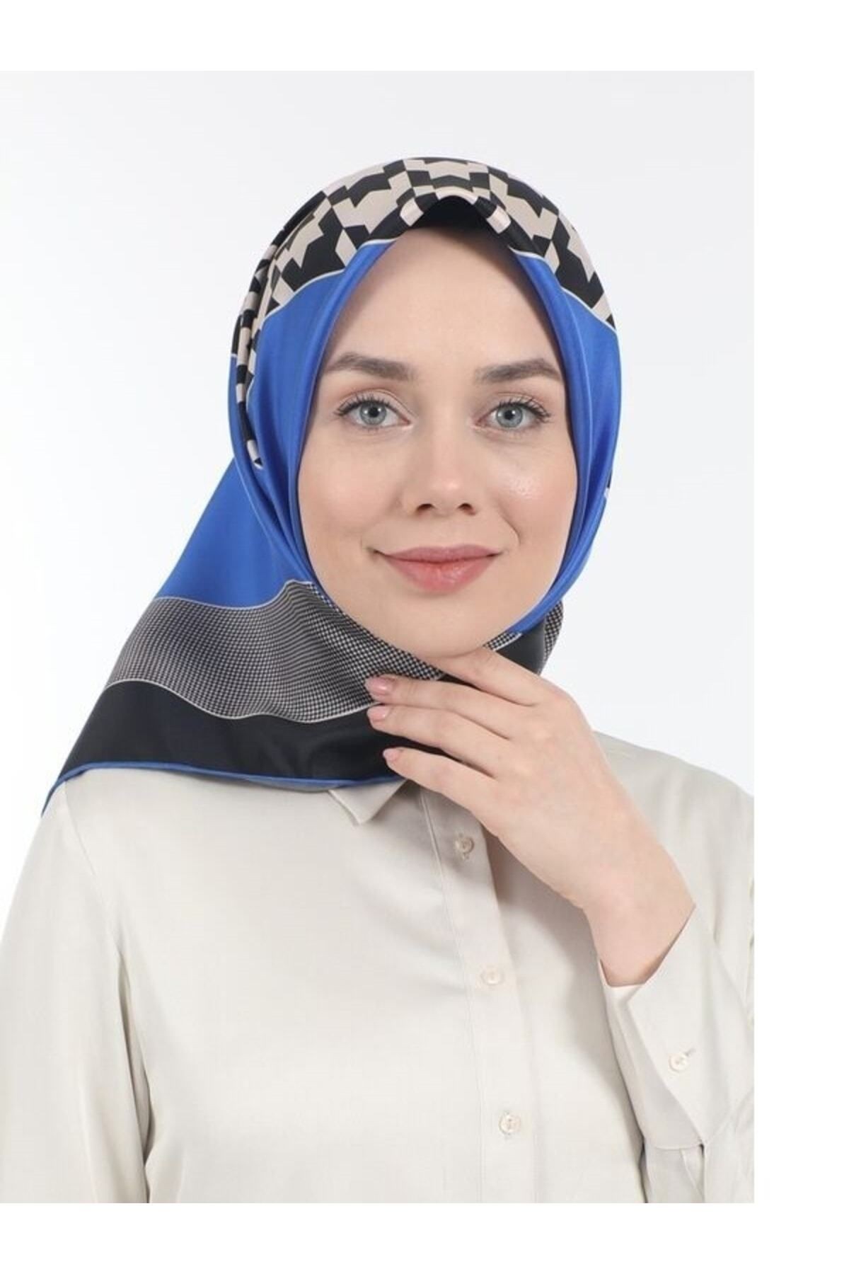 Ipek Eşarp Twill Siyah Saks Kaz Ayağı Desenli
