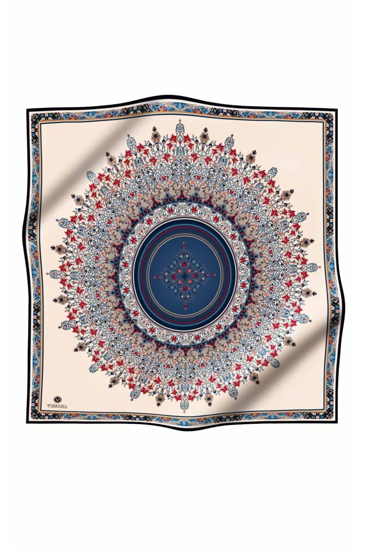 %100 Twill İpek Şal Desenli Lacivert Renkli 90x90 Eşarp Dikim Şekli : El Dikişi