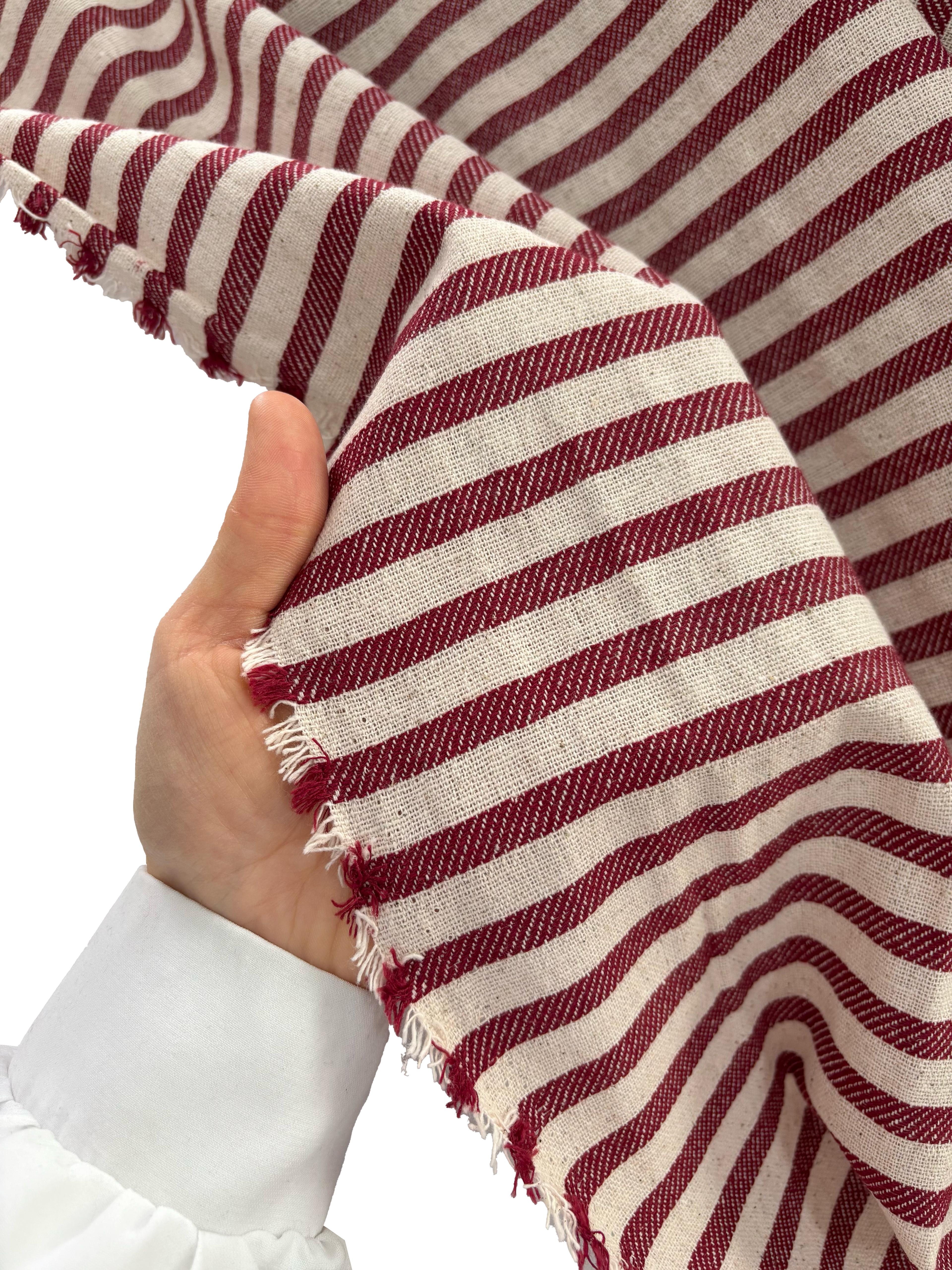 Ham Yıkanmış Keten Kumaş (ENİ 235 CM ) Bordo Çizgili 
