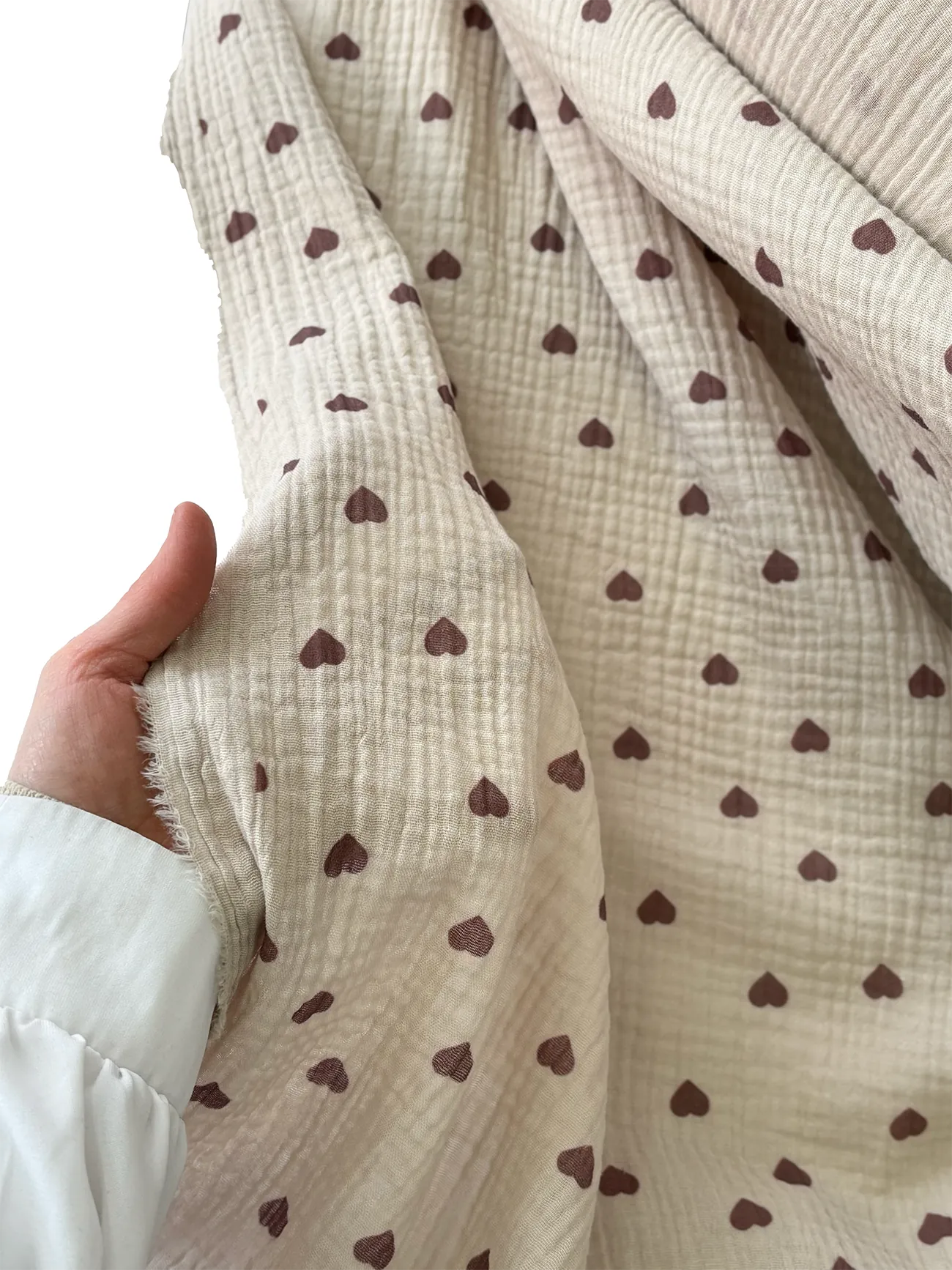 %100 Pamuk Müslin Kumaş Kahverengi Kalpli 