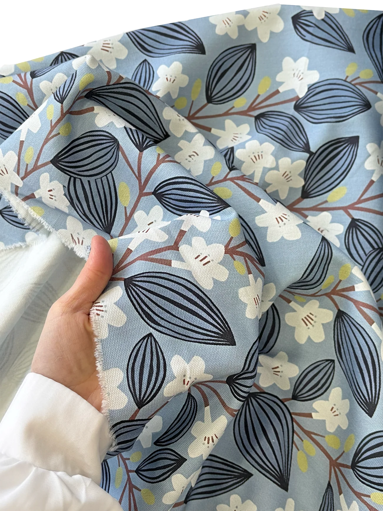 %100 Pamuk Soft Mavi Çiçek Desen Kanvas Kumaş 