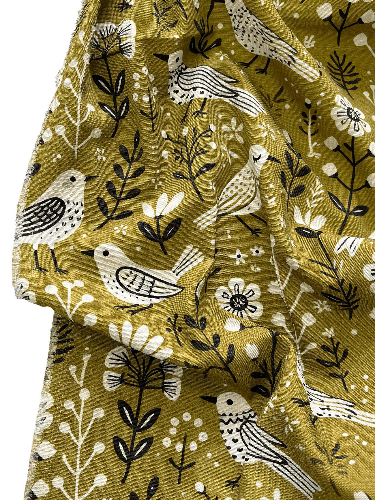 %100 Pamuk Kuş Desenli Kanvas Kumaş Serisi  - Yağ Yeşili