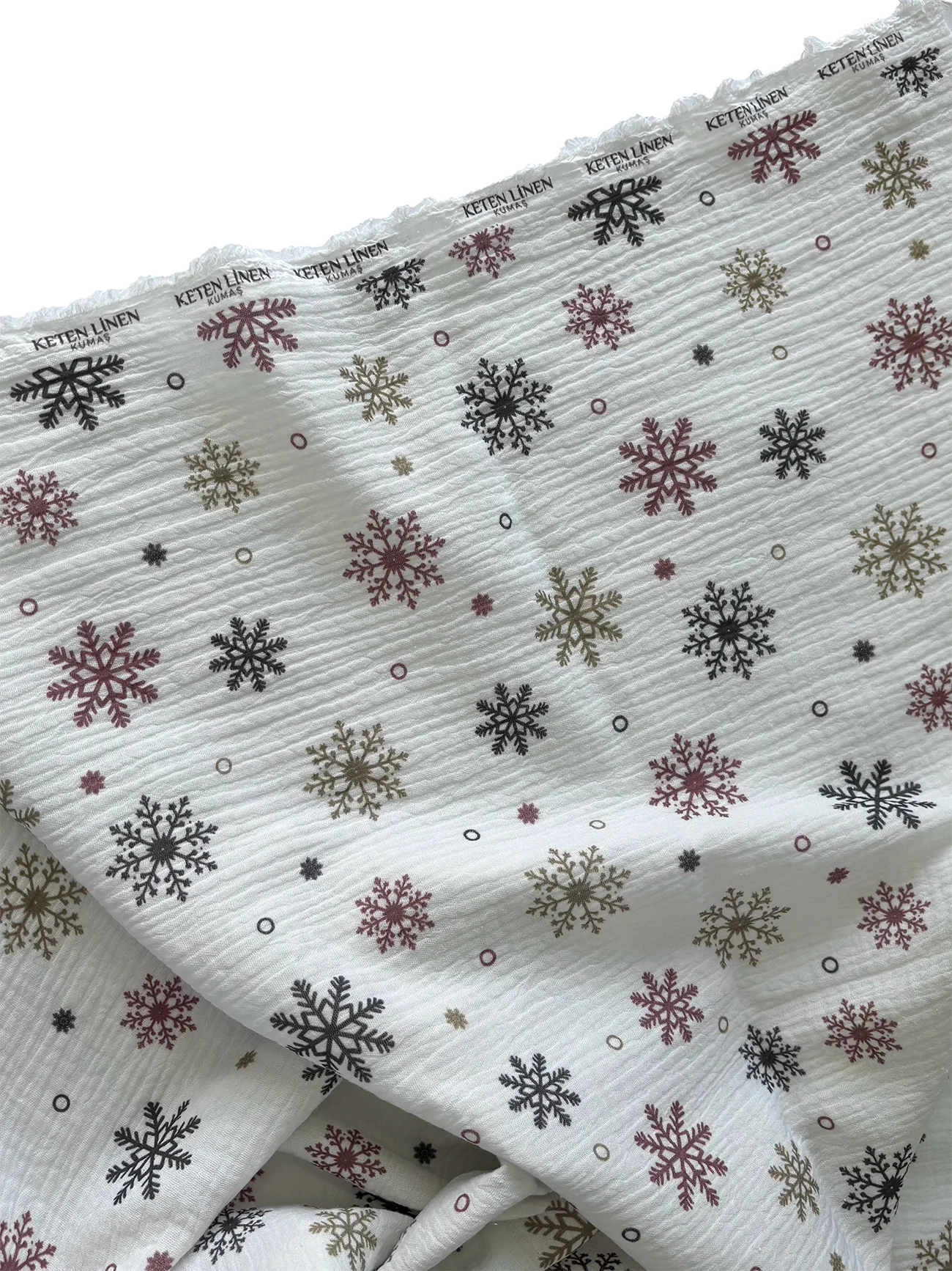 %100 Pamuk Kar Tanesi Desenli Müslin Kumaş 