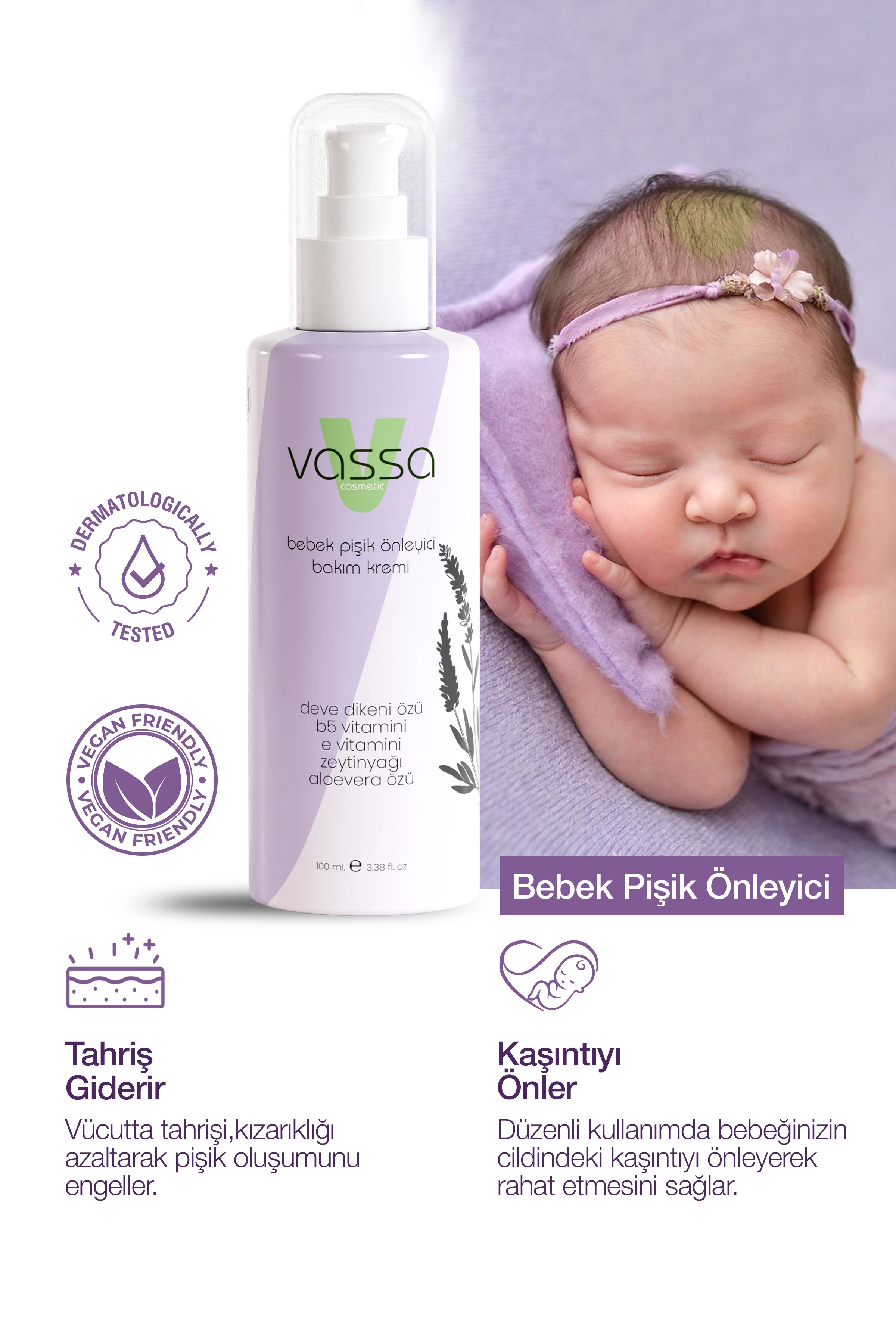 Vassa Bebek Pişik Önleyici Krem, Pişik Oluşumunu Önler, Kızarıklıkları Azaltır Ve Kaşıntıyı Engeller.