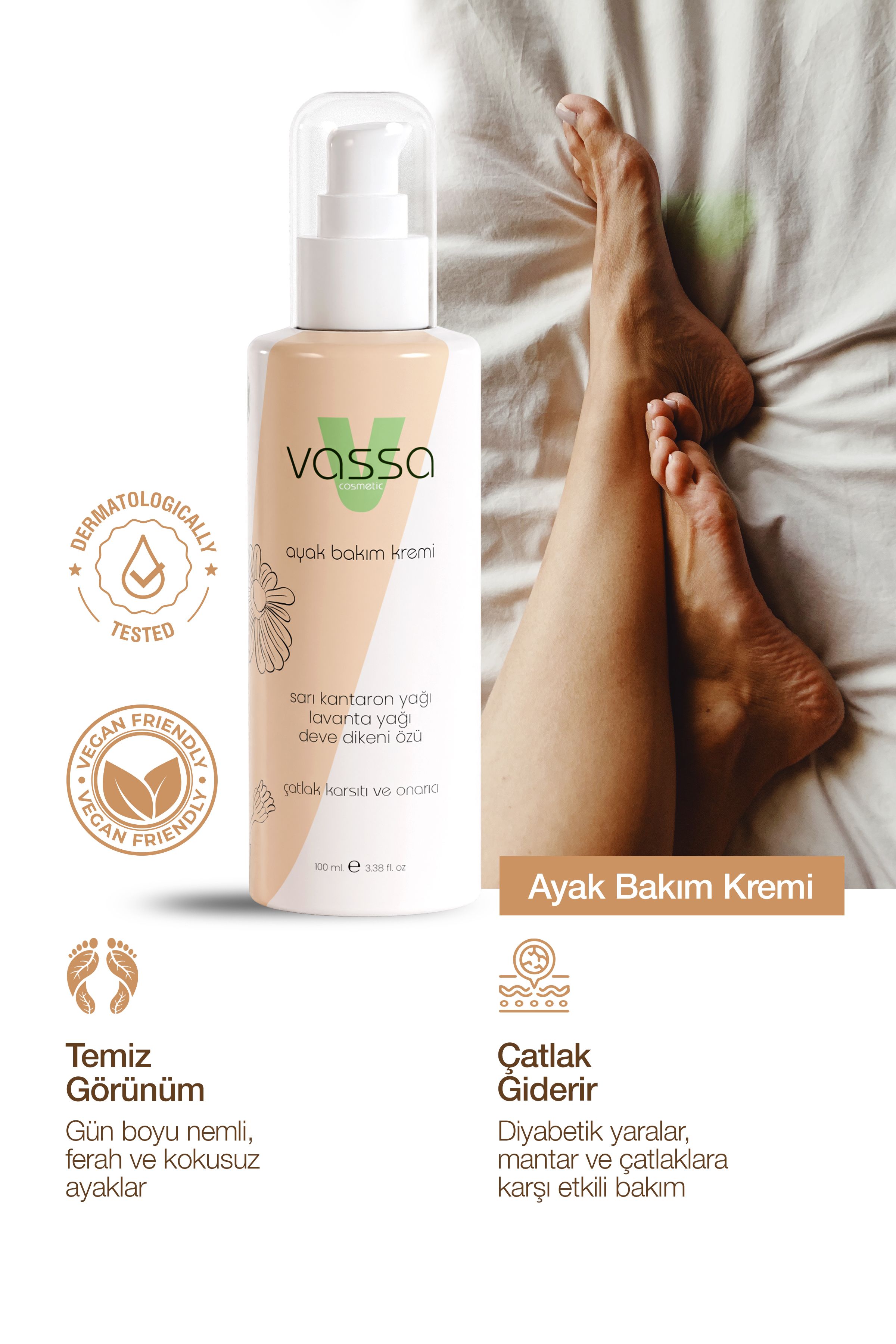 Ayak Bakım Kremi - Vassa Ayak, Topuk, Çatlak, Mantar, Koku, Kaşıntı, Diyabetik Yaralar Için Nemlendirici Bakım Kremi