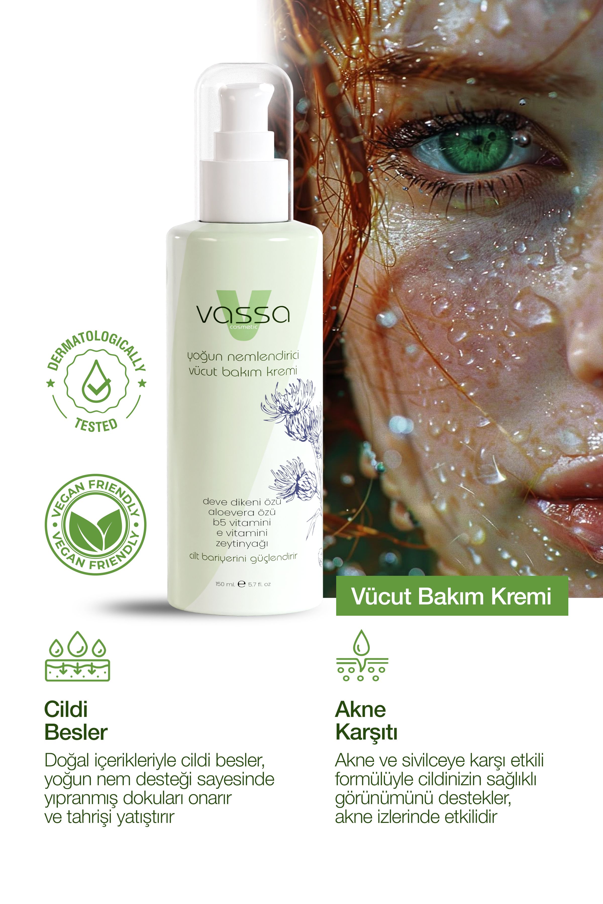 Vassa Akne, Sivilce, Yanık yaraları için onarıcı ve önleyici yoğun nemlendirici Bakım kremi-150 ml