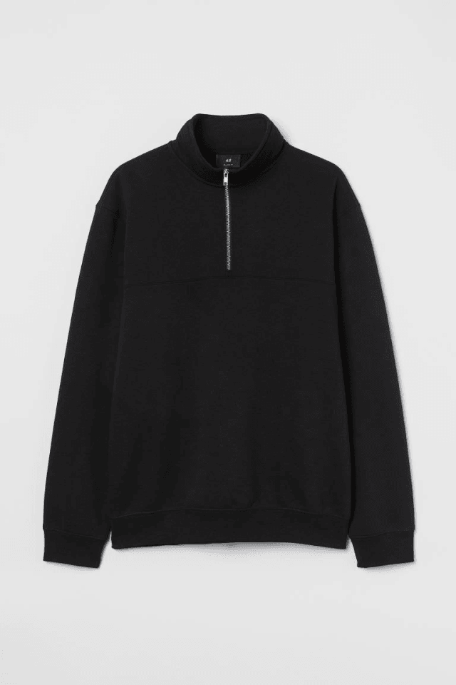 Oversize Yarım Farmuarlı Yakalı Basic SweatShirt - Siyah