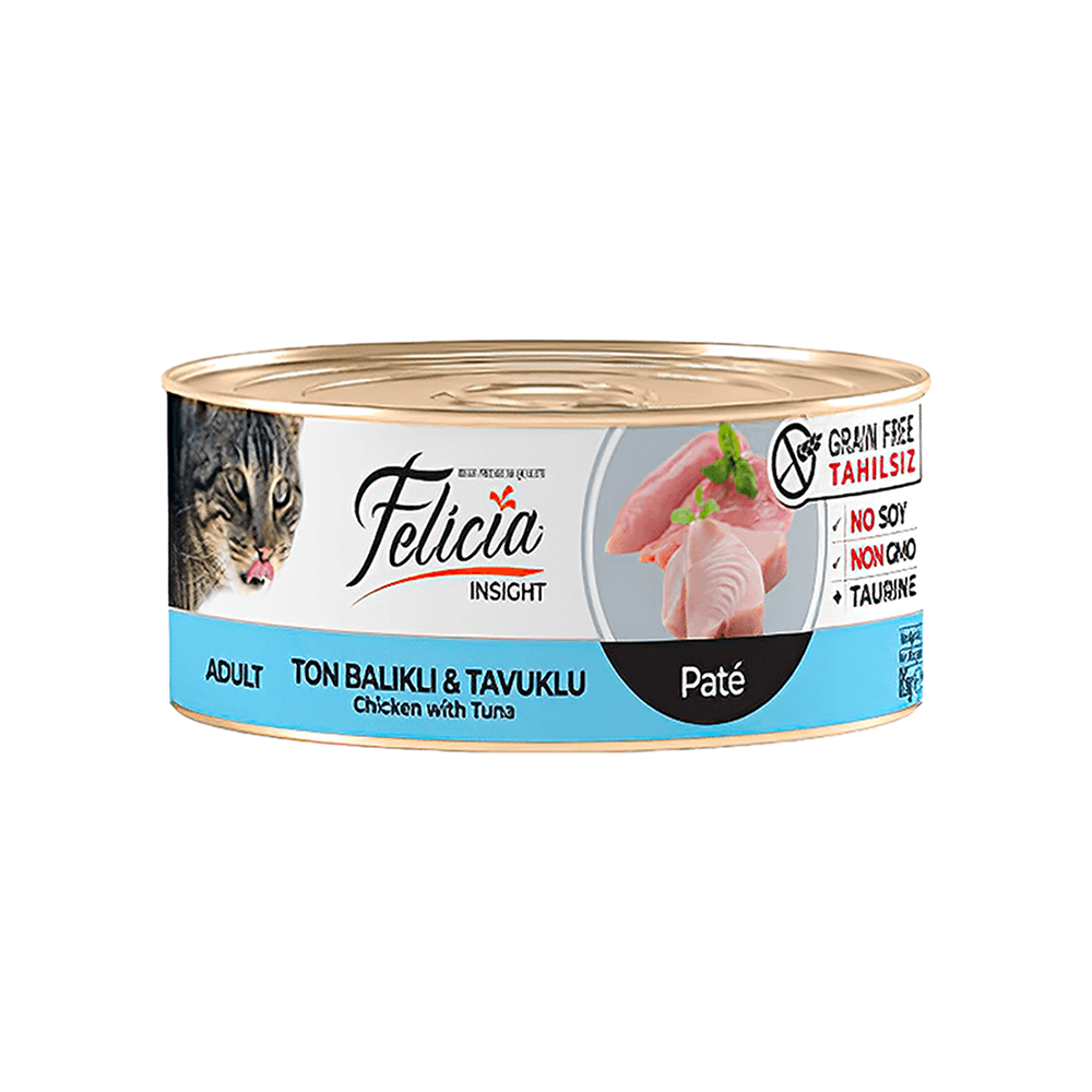 Felicia İnsight Tahılsız Kıyılmış Ton Balıklı ve Tavuk Etli Yetişkin Kedi Konserve Maması (24x85 g)