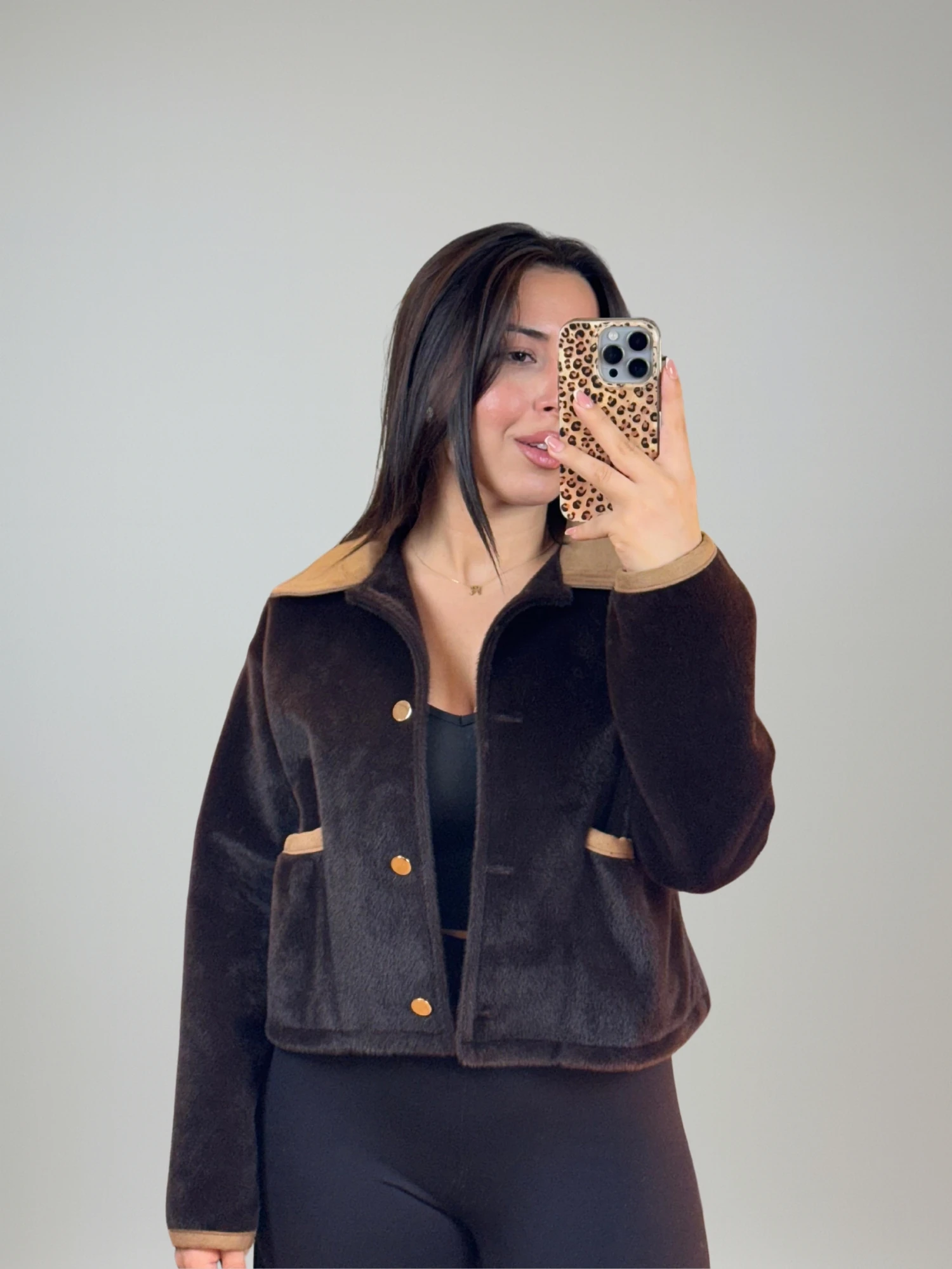 Yaka Granili Önü düğmeli Süet Mont