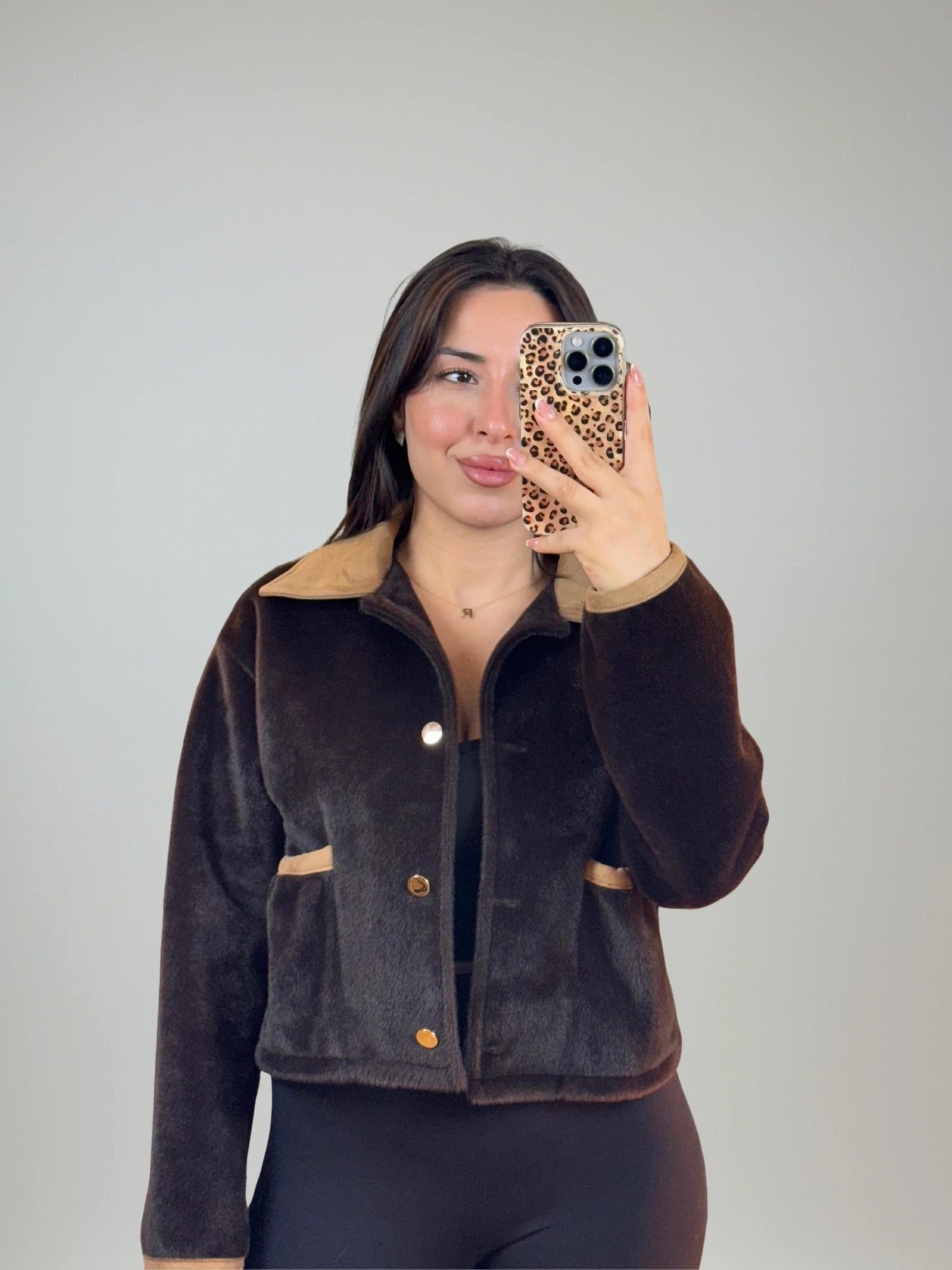 Yaka Granili Önü düğmeli Süet Mont