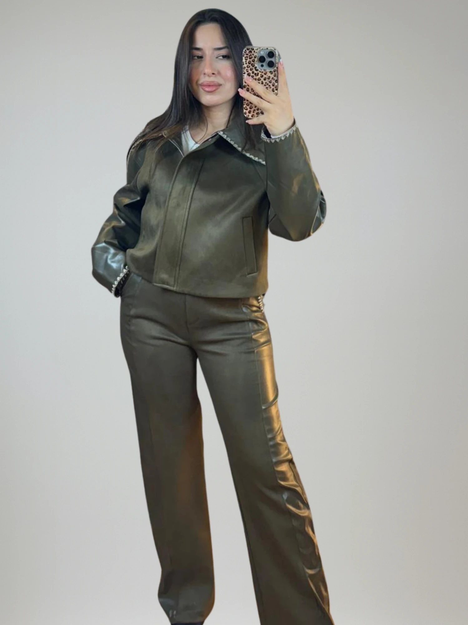 Haki Deri & Süet Mix Takım