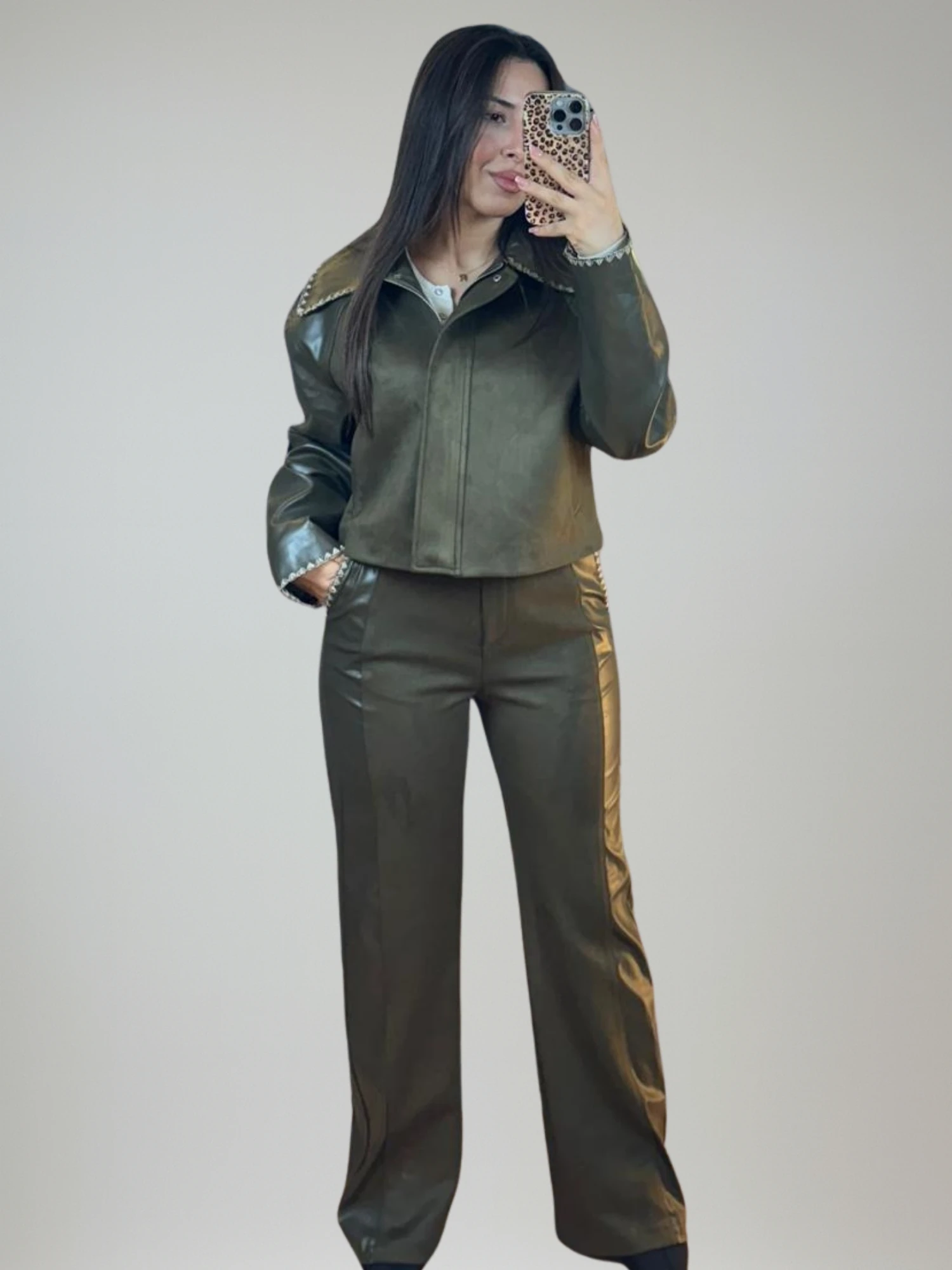 Haki Deri & Süet Mix Takım