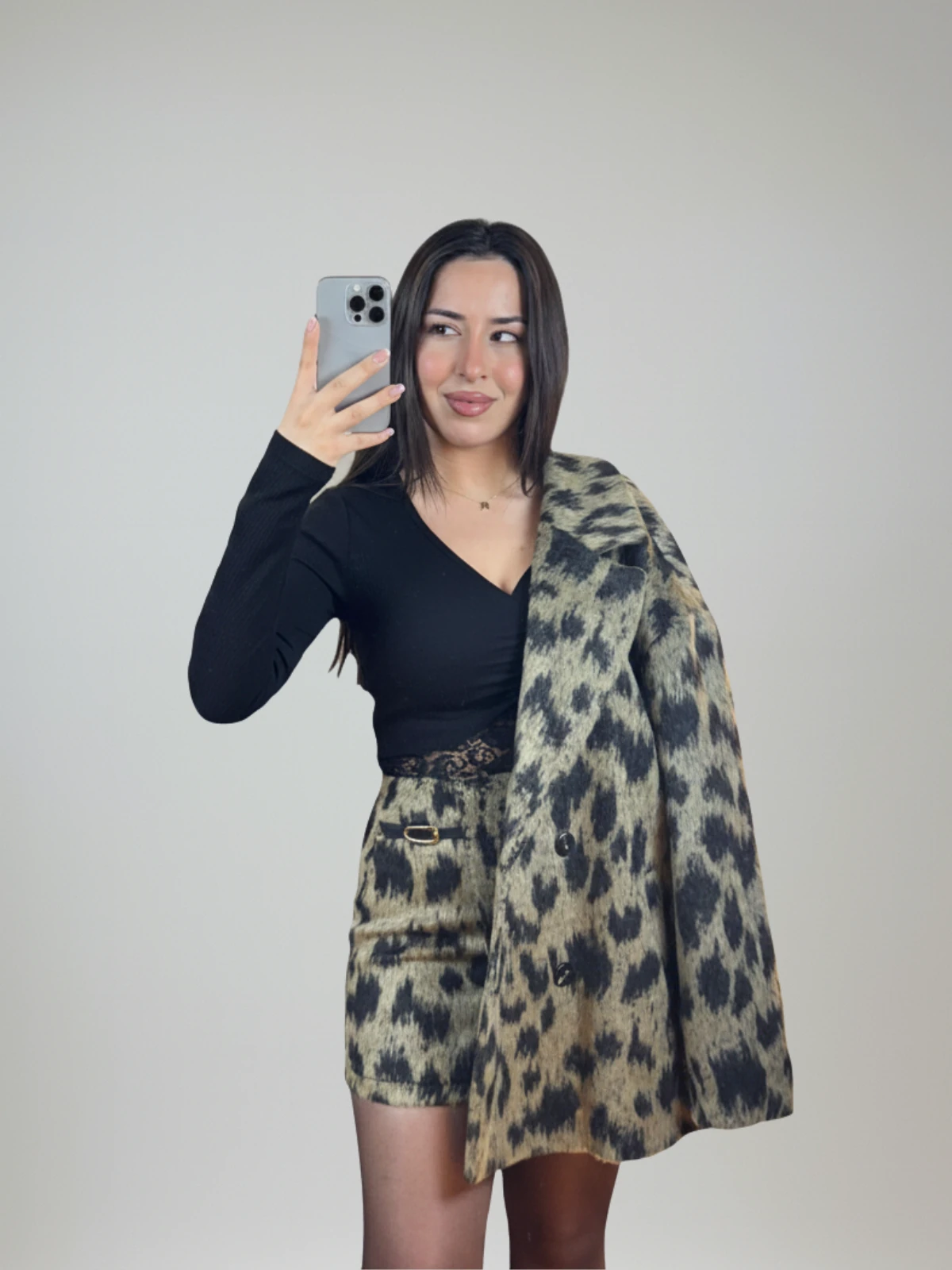 Leopar Desen Şort Etek ve Ceket Takımı