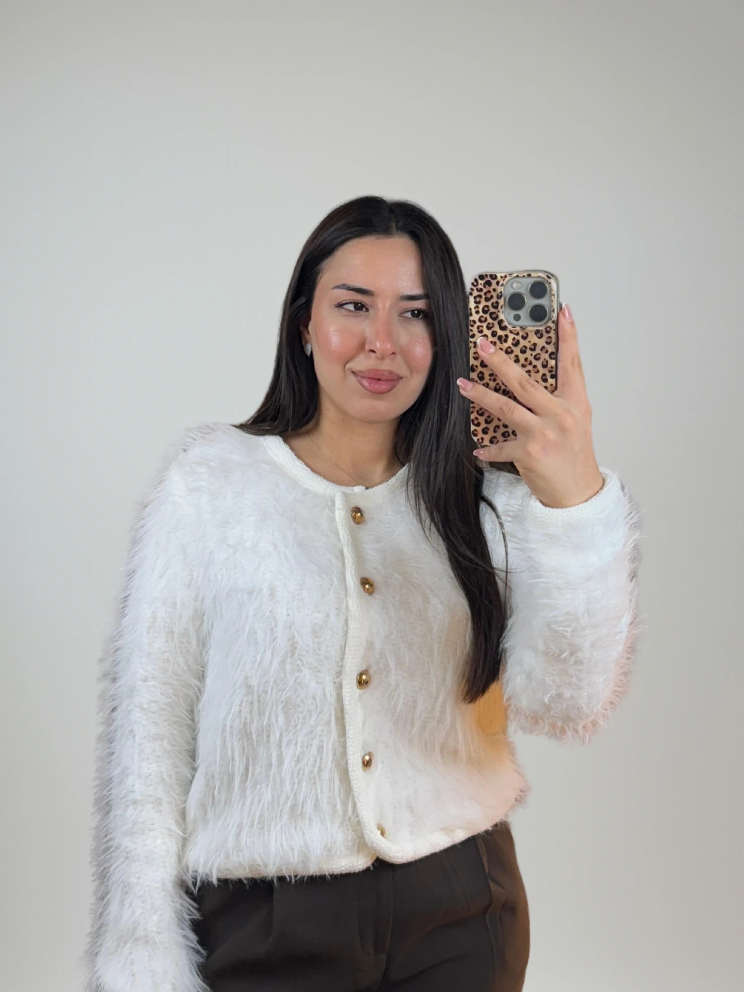 Ekru Peluş Görünümlü Kadın Hırka