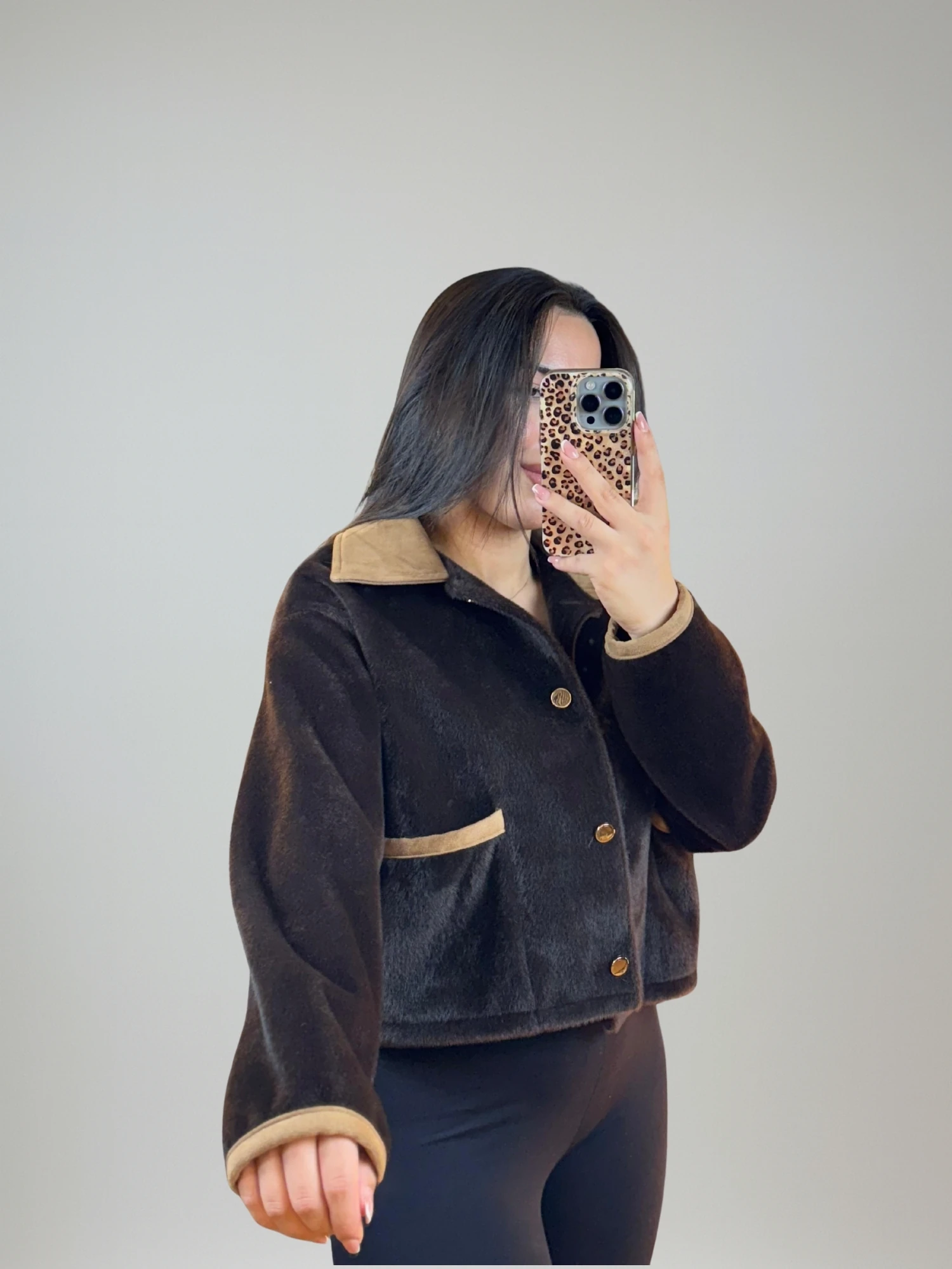 Yaka Granili Önü düğmeli Süet Mont