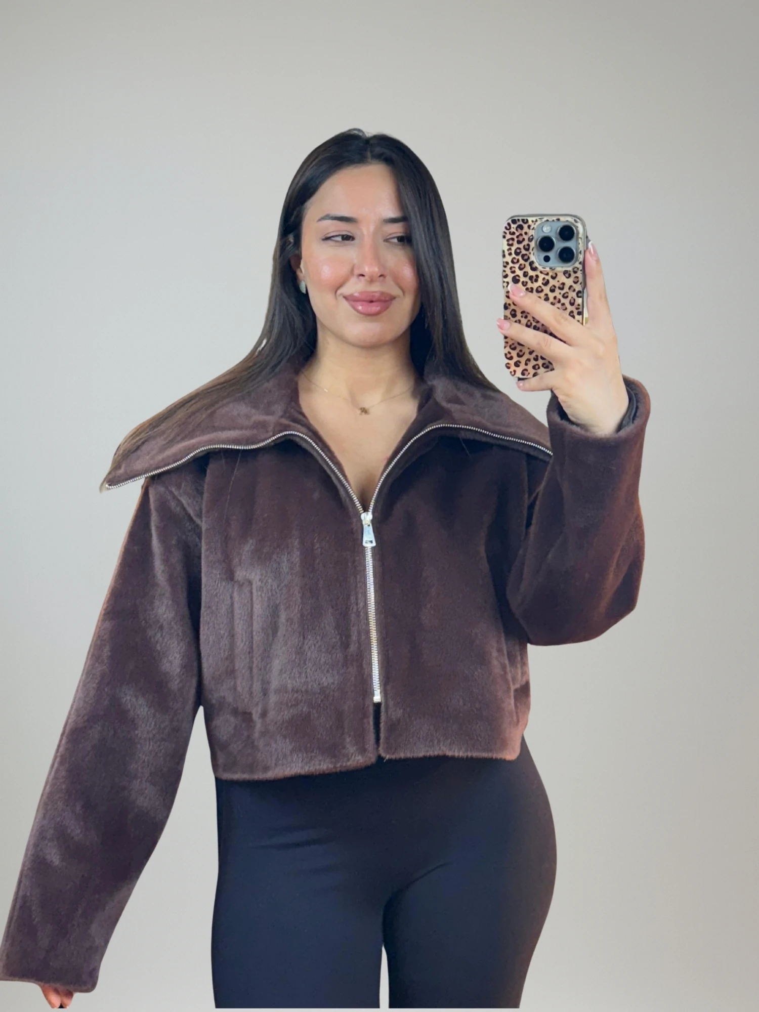 Boydan Fermuarlı Acı Kahve Kısa Kürk