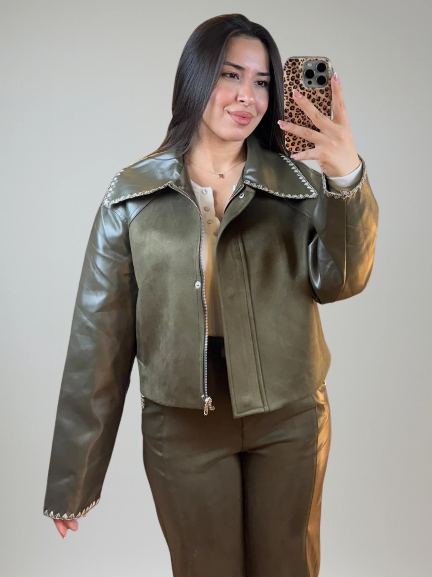 Haki Deri & Süet Mix Takım