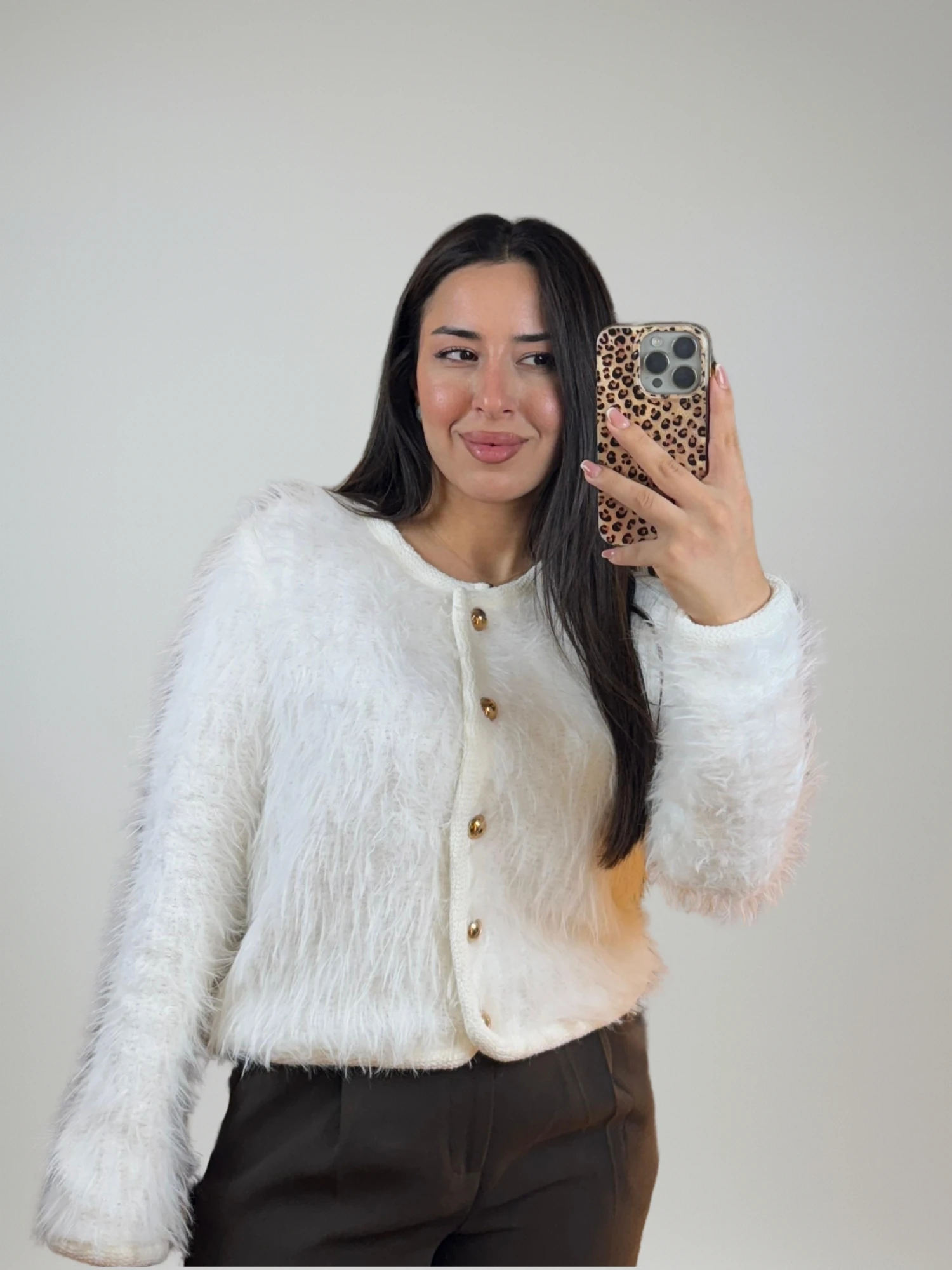 Ekru Peluş Görünümlü Kadın Hırka